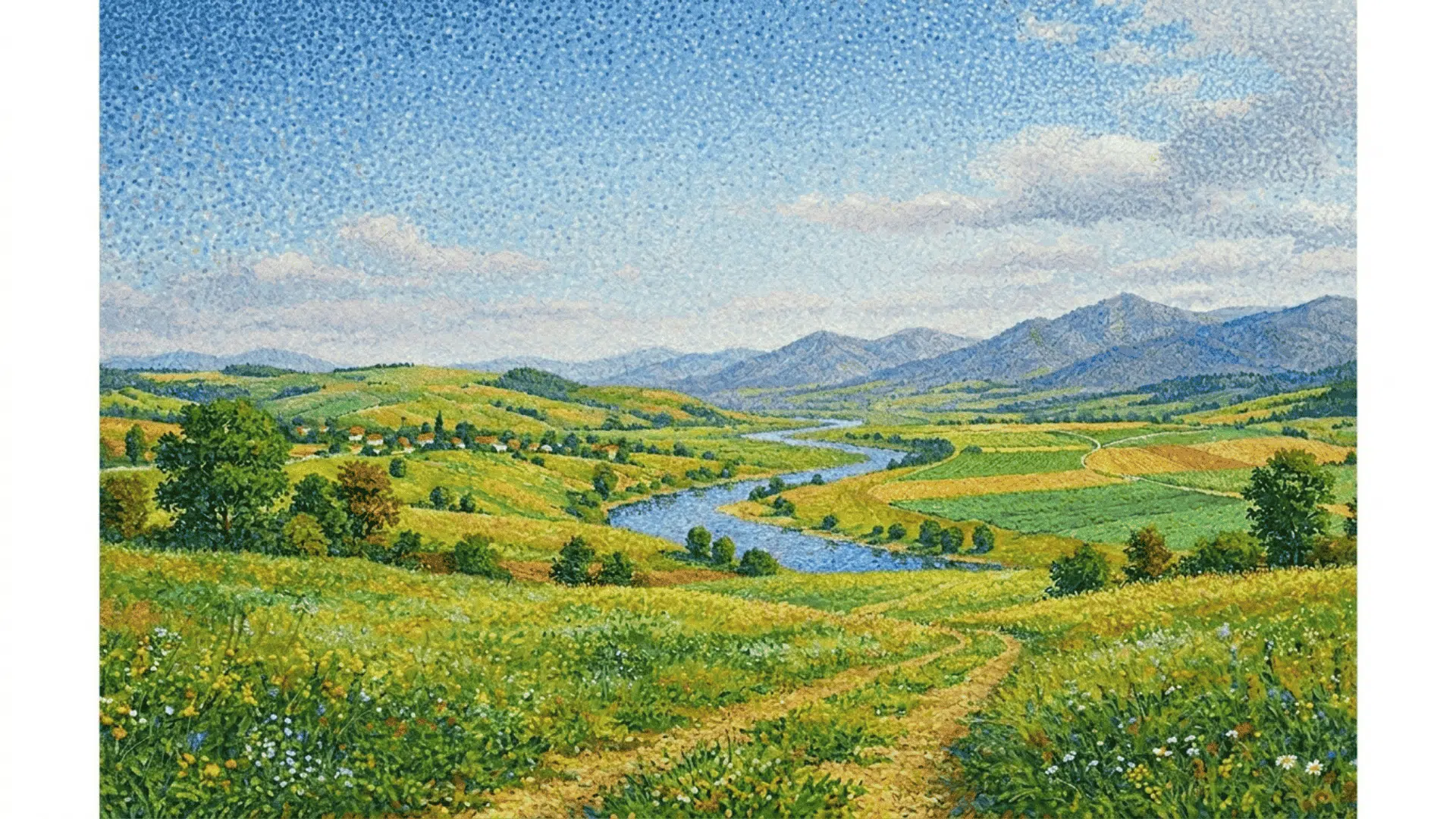 classic dot application in pointillism art showing a landscape painting with evenly spaced uniform color dots across the surface