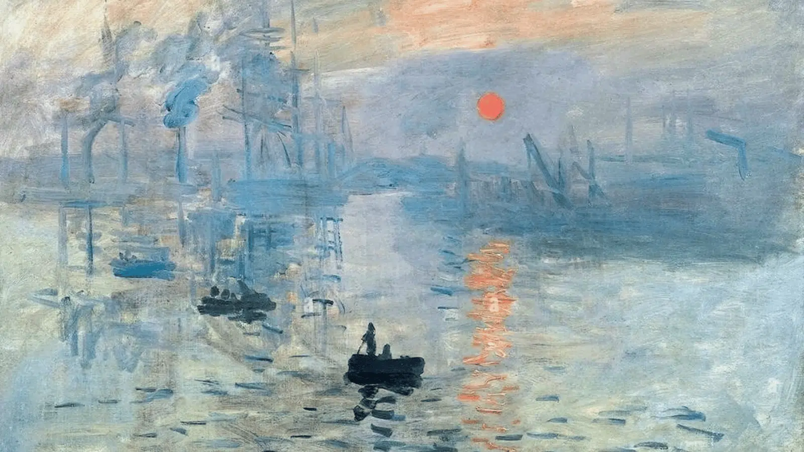 claude Monet’s Impression, Sunrise painting featuring hazy harbor scene with boats and glowing sun in soft brushstrokes