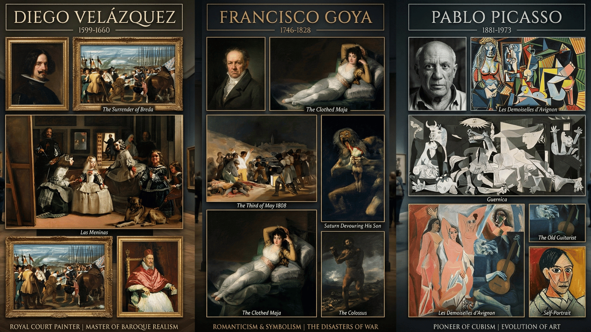 collage of three Spanish painters Diego Velázquez, Francisco Goya, and Pablo Picasso with their famous artworks