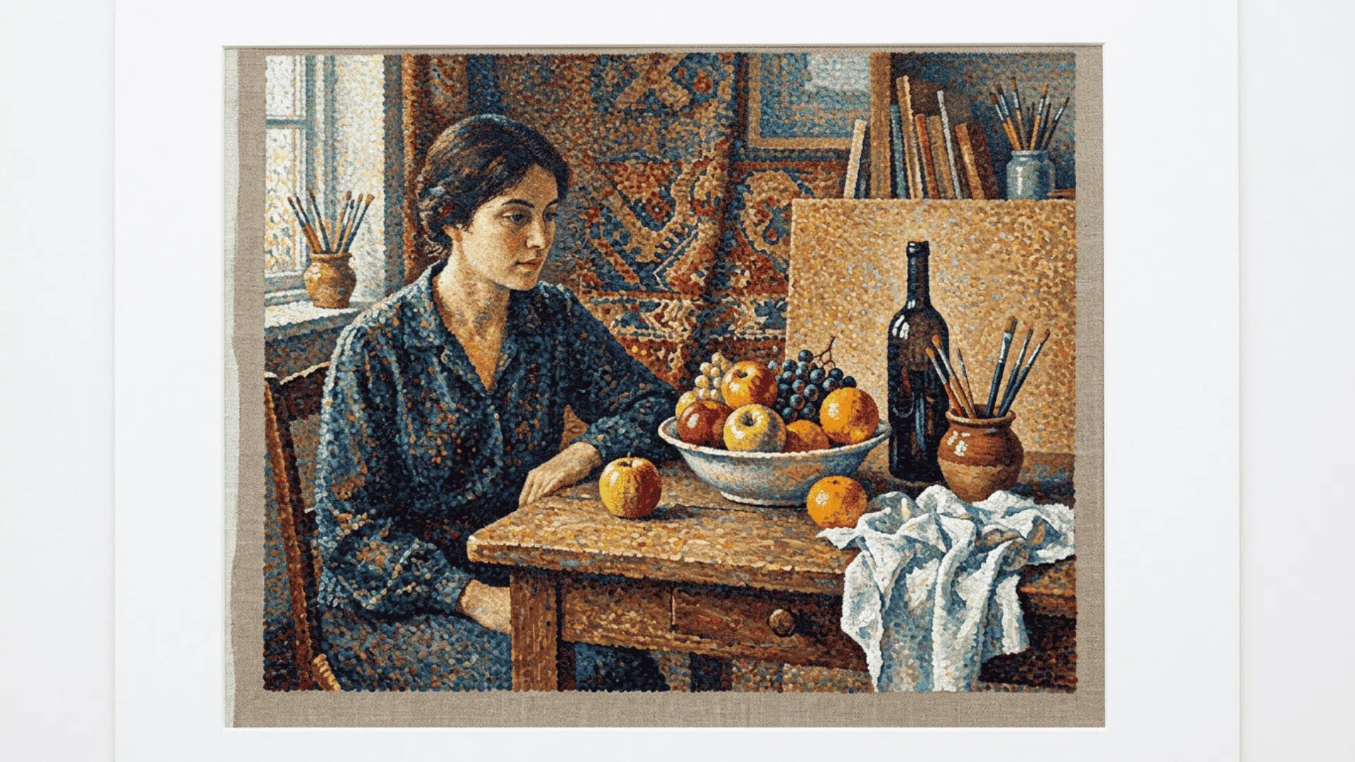 color layering with dots technique in a pointillist still life and figure painting showing rich tones created through layered color dots