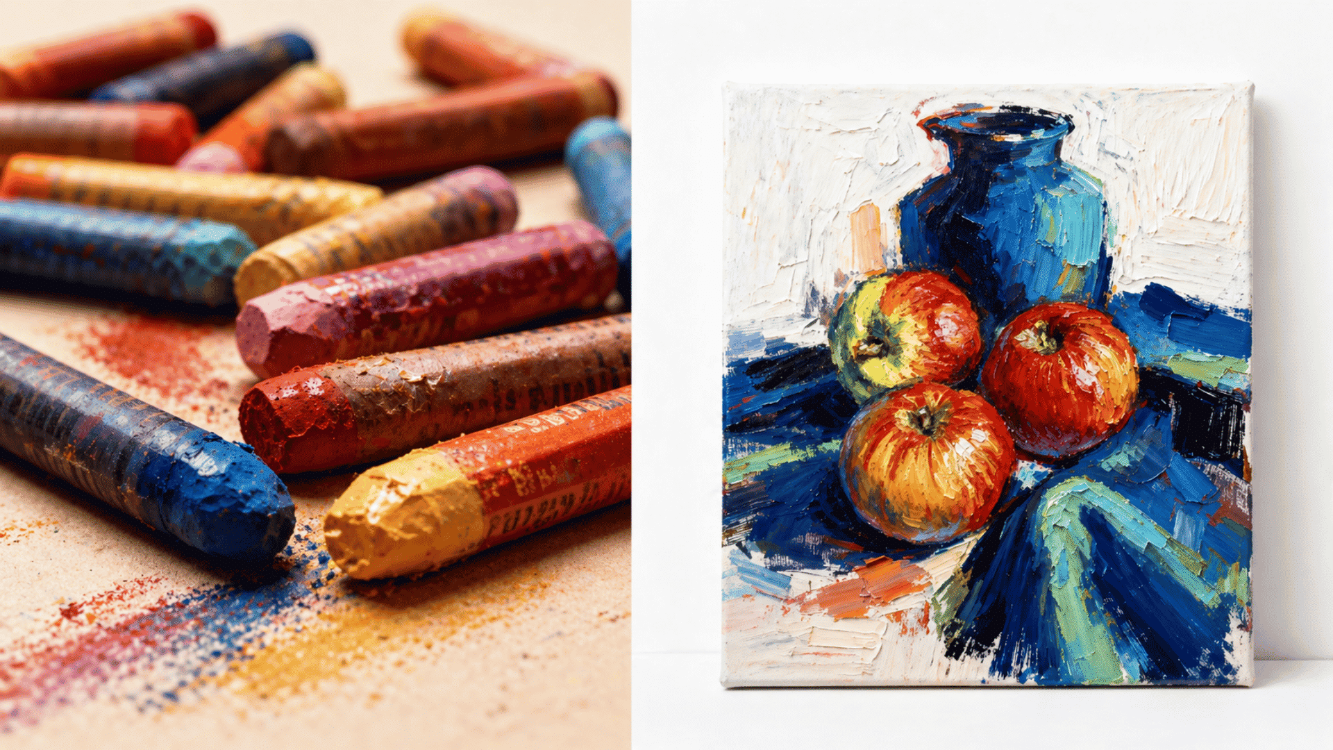 colorful oil pastels scattered on a beige surface beside an impasto oil painting of red apples and a blue vase on canvas