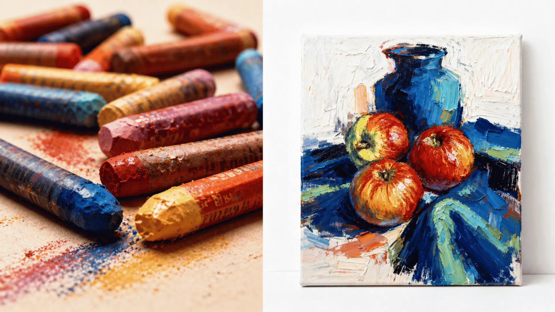 colorful oil pastels scattered on a beige surface beside an impasto oil painting of red apples and a blue vase on canvas