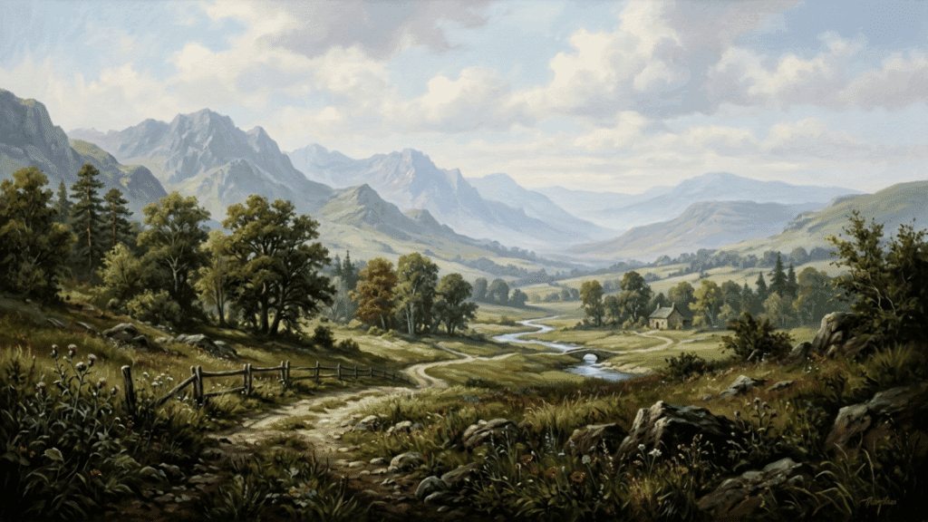 detailed landscape painting with winding path, river, trees, and distant mountains, showing depth and atmospheric perspective