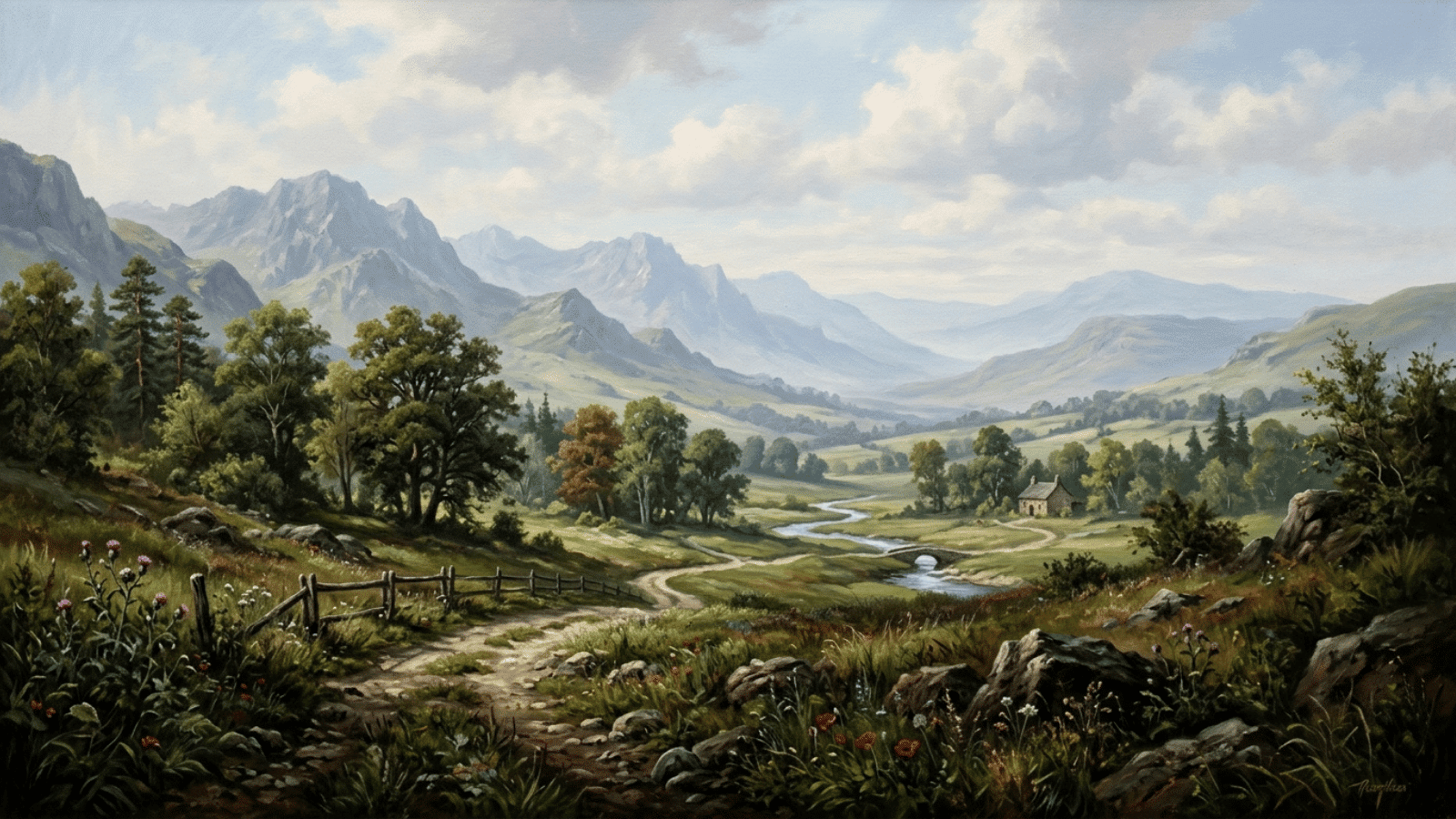 detailed landscape painting with winding path, river, trees, and distant mountains, showing depth and atmospheric perspective