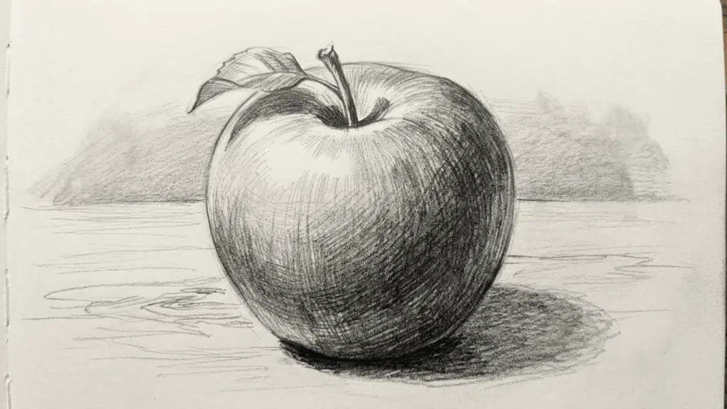 detailed pencil sketch of an apple with realistic shading and texture, demonstrating light, shadow, and form drawing techniques