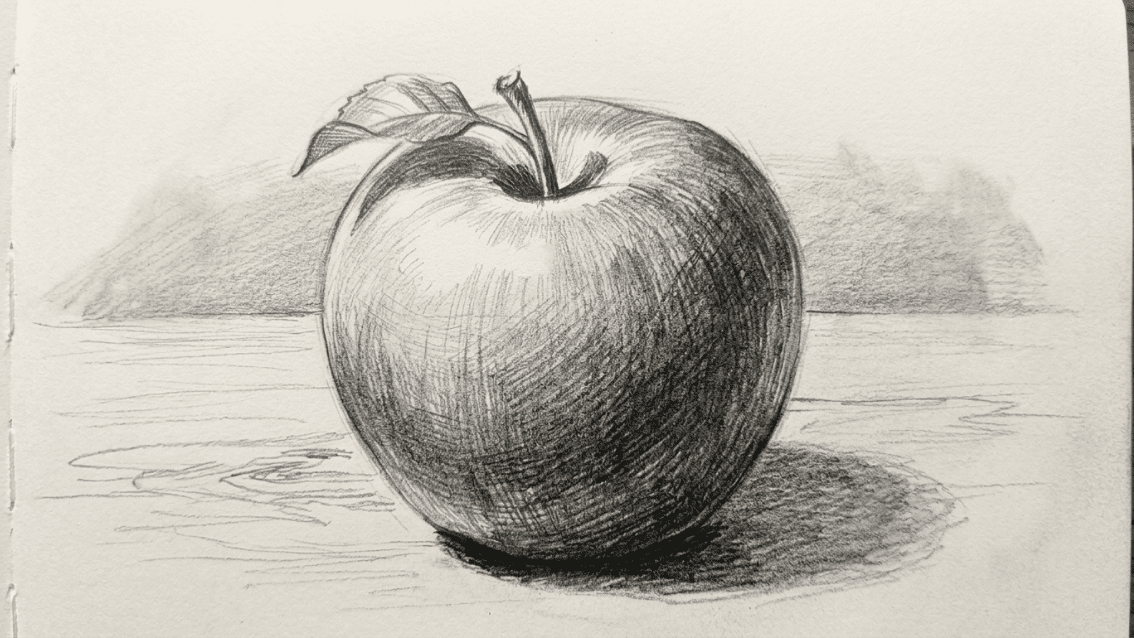 detailed pencil sketch of an apple with realistic shading and texture, demonstrating light, shadow, and form drawing techniques