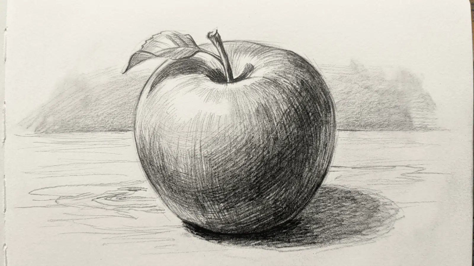 detailed pencil sketch of an apple with realistic shading and texture, demonstrating light, shadow, and form drawing techniques