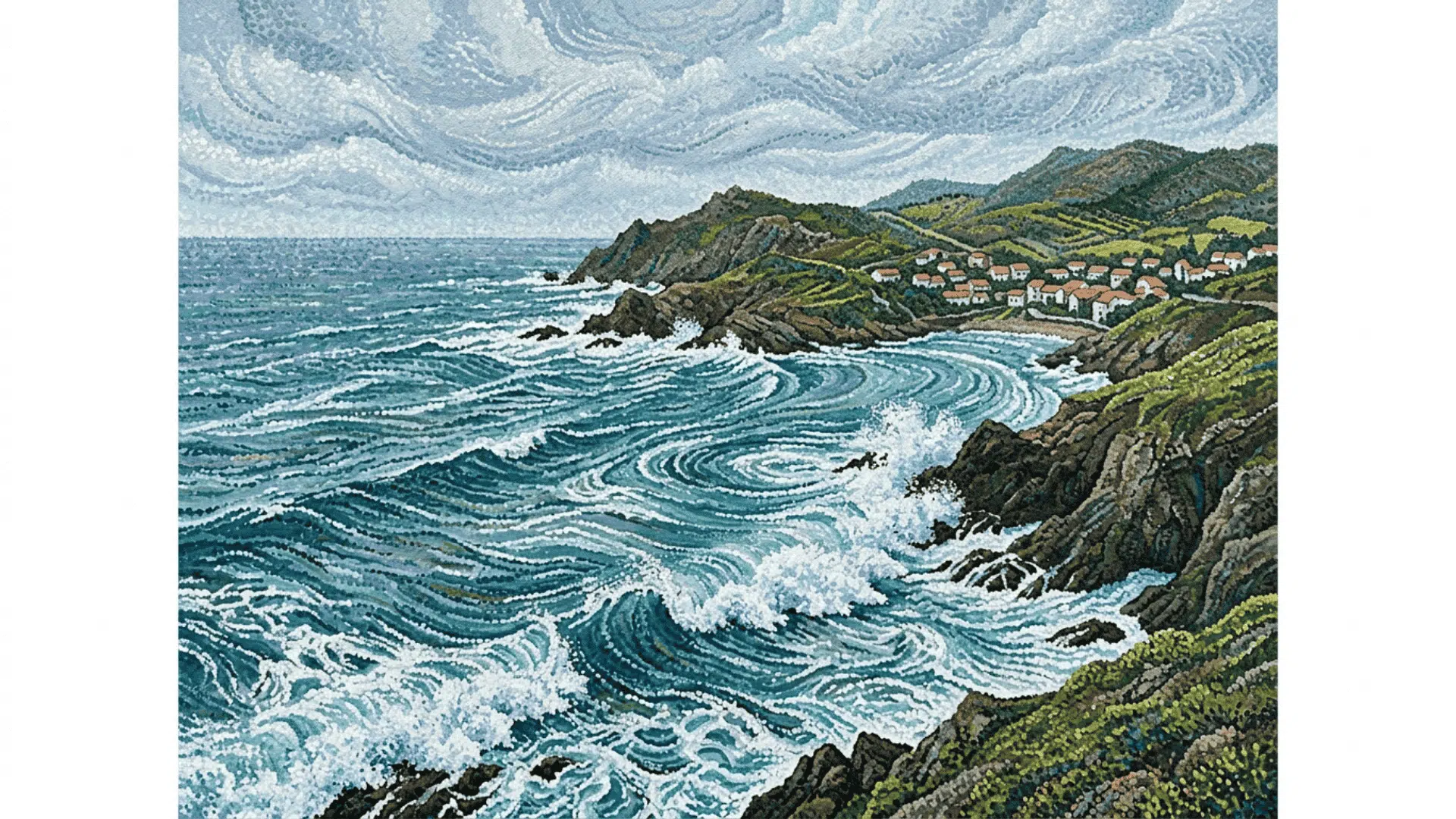 directional dot placement in pointillism art showing a water and seascape painting where dots follow directional patterns creating movement and flow