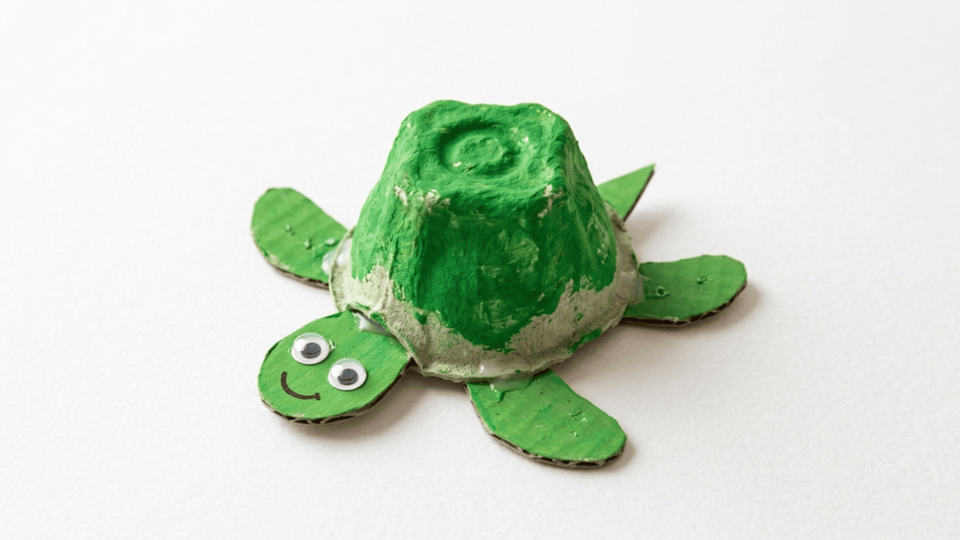 egg carton turtle craft showing a green painted egg cup shell with cardboard head legs and tail attached on white background