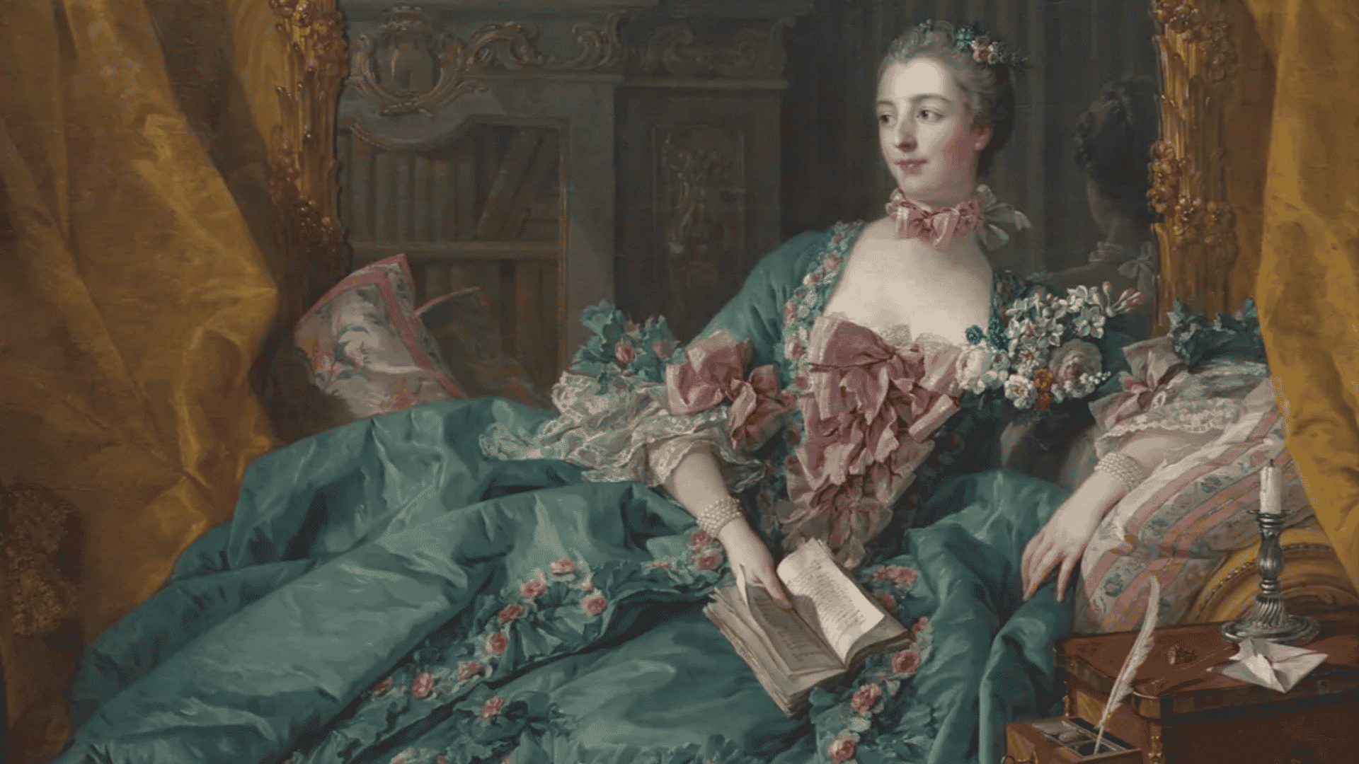 elegant woman in vintage dress sitting with book in a classic painting setting with rich colors and detailed interior background-1