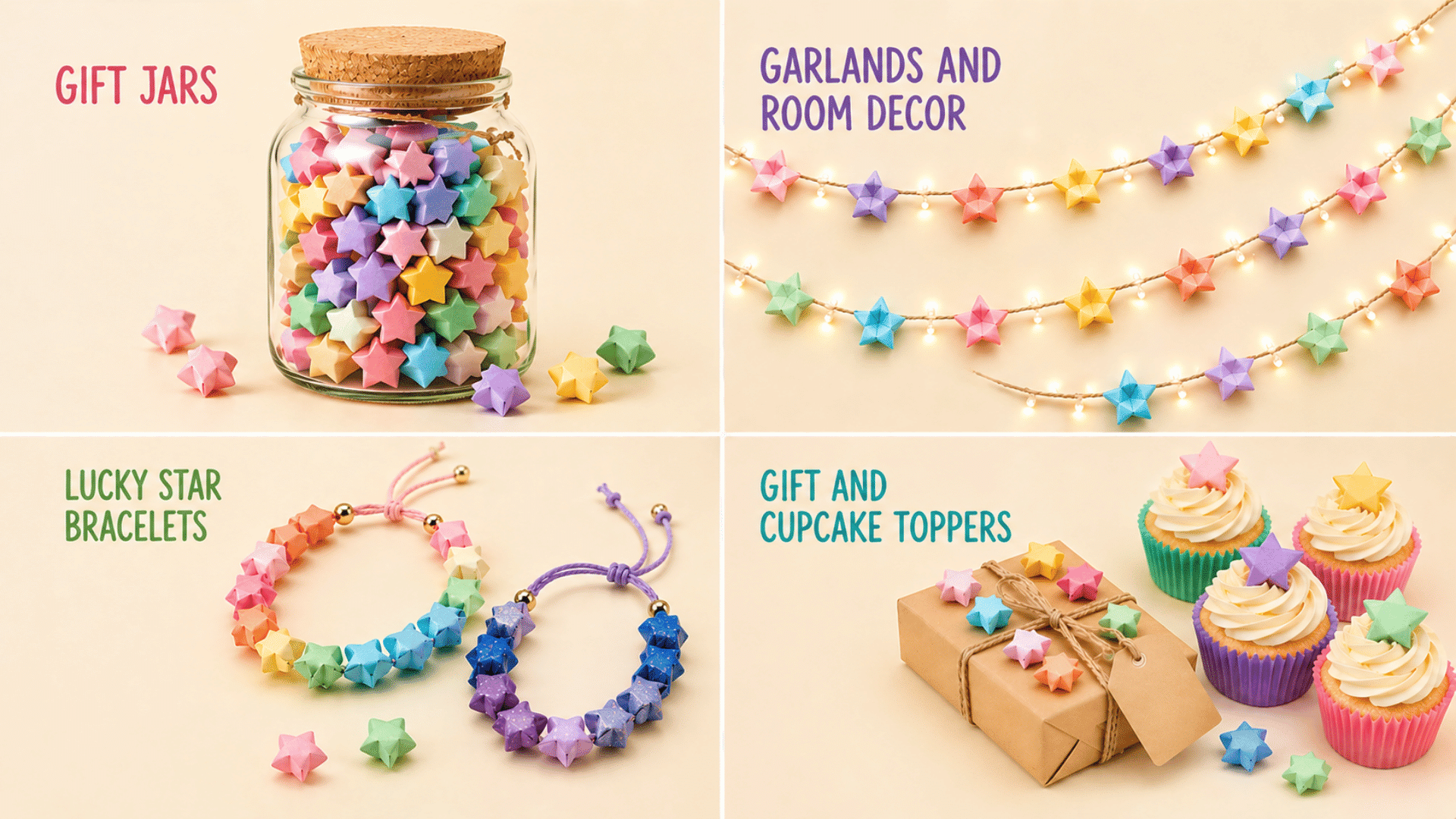Four-panel beige collage showing paper star crafts jar, garland, bracelets, and cupcakes with colorful folded stars on display