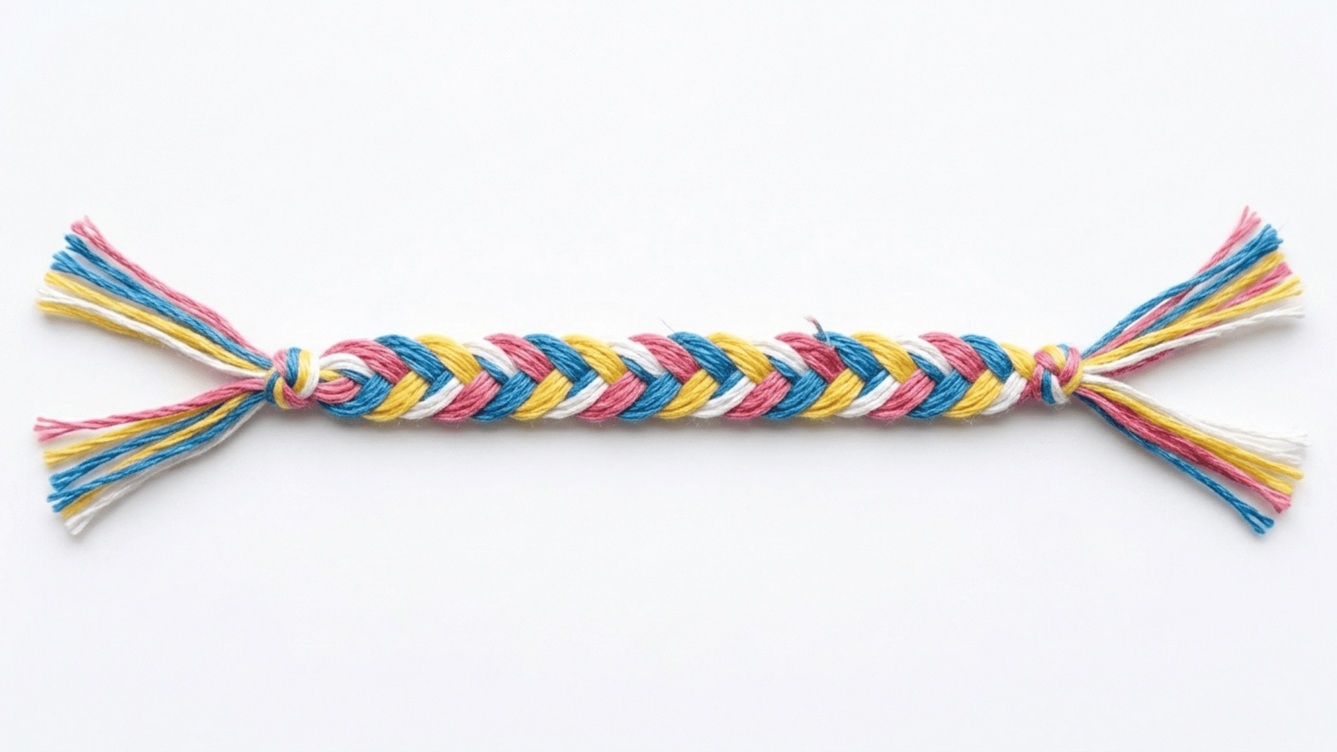 friendship bracelet showing a completed braided embroidery thread bracelet in pink blue yellow and white with tied knots at both ends