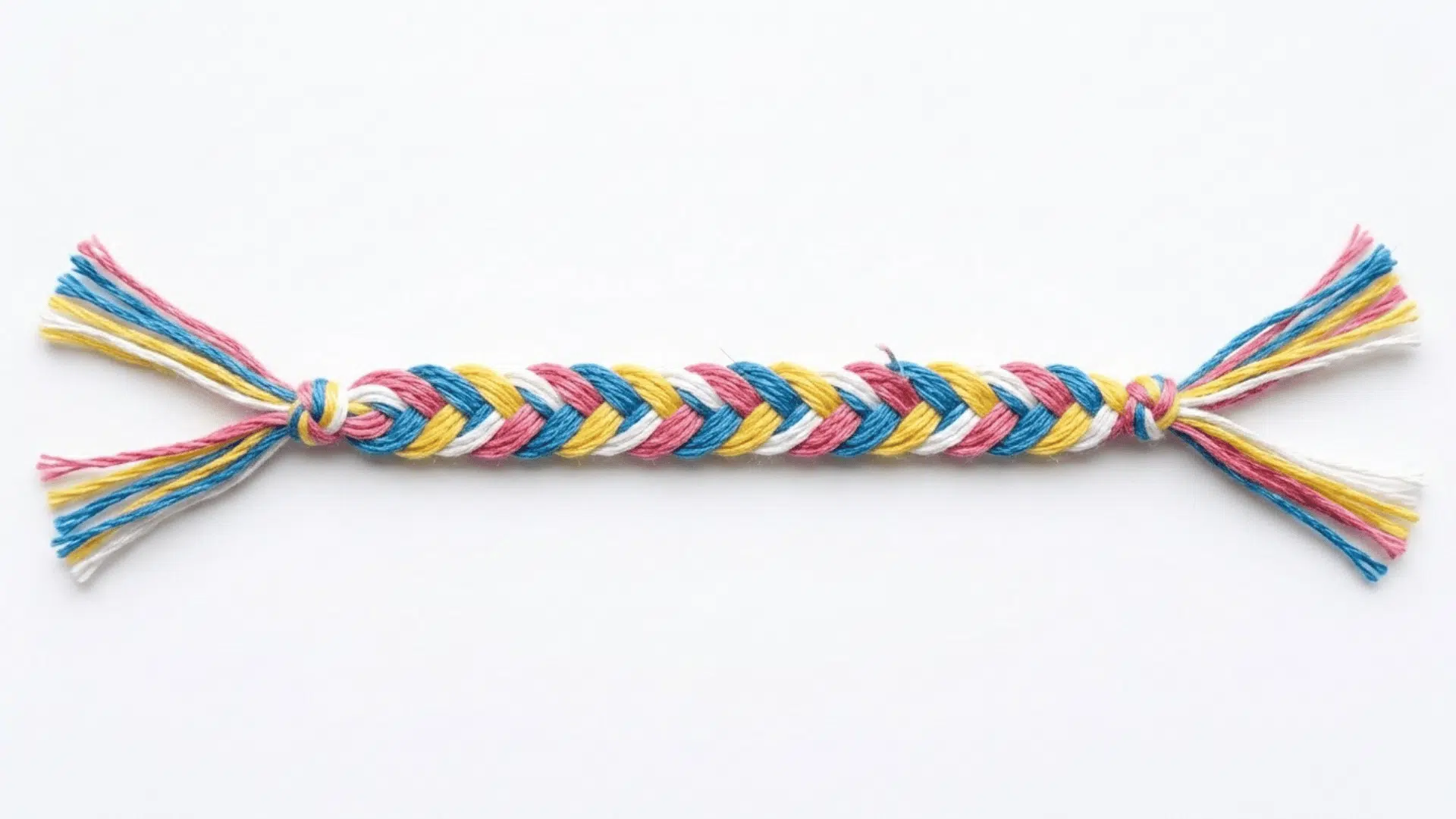 friendship bracelet showing a completed braided embroidery thread bracelet in pink blue yellow and white with tied knots at both ends