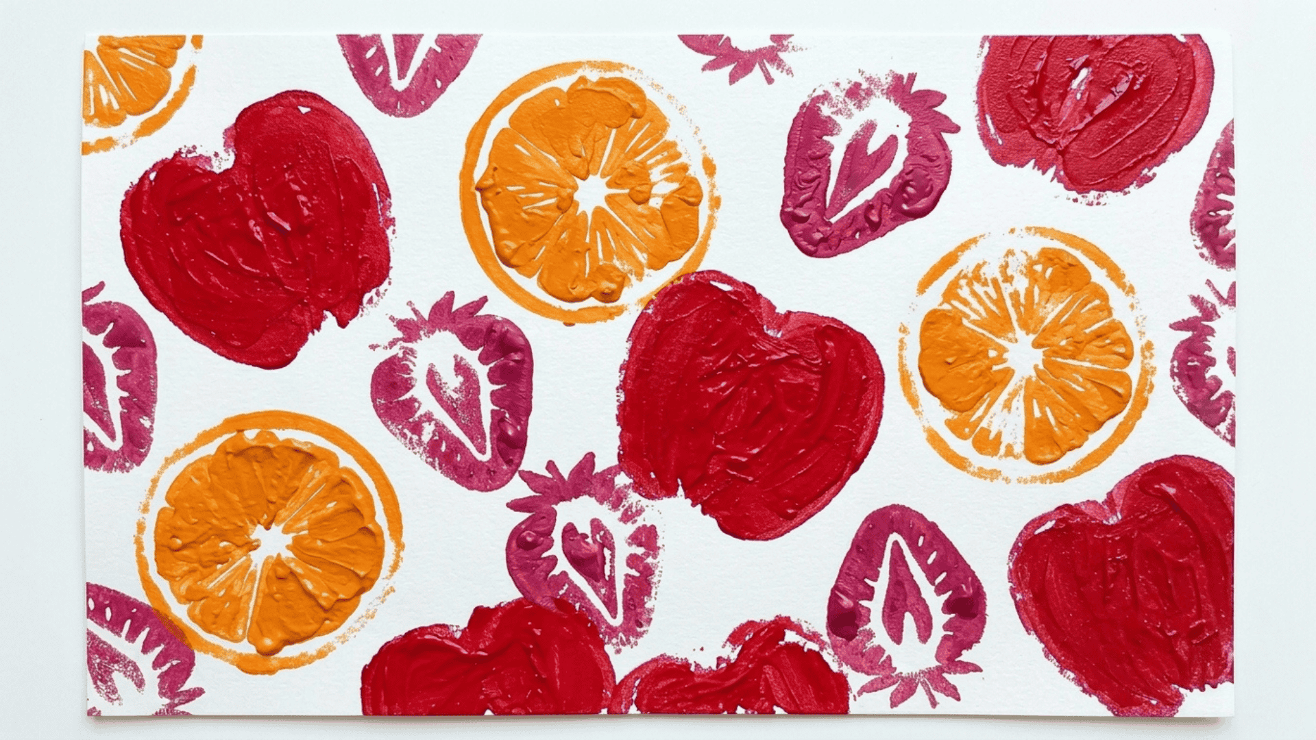 fruit stamp painting showing large bold apple orange and strawberry cut half prints with visible seed and segment textures on white paper