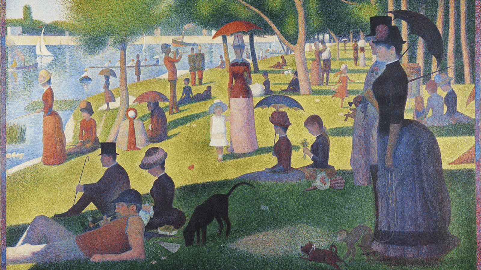 georges Seurat’s A Sunday on La Grande Jatte painting with people relaxing in a park, created using pointillism technique