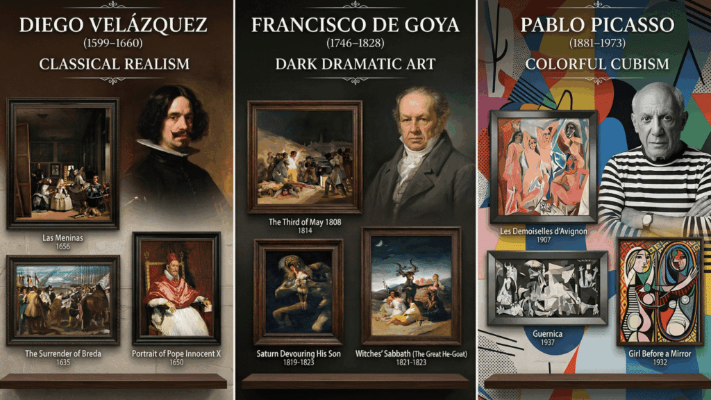 grid collage showing Velázquez, Goya, and Picasso alongside their key paintings like Las Meninas, Guernica, and The Third of May 1808