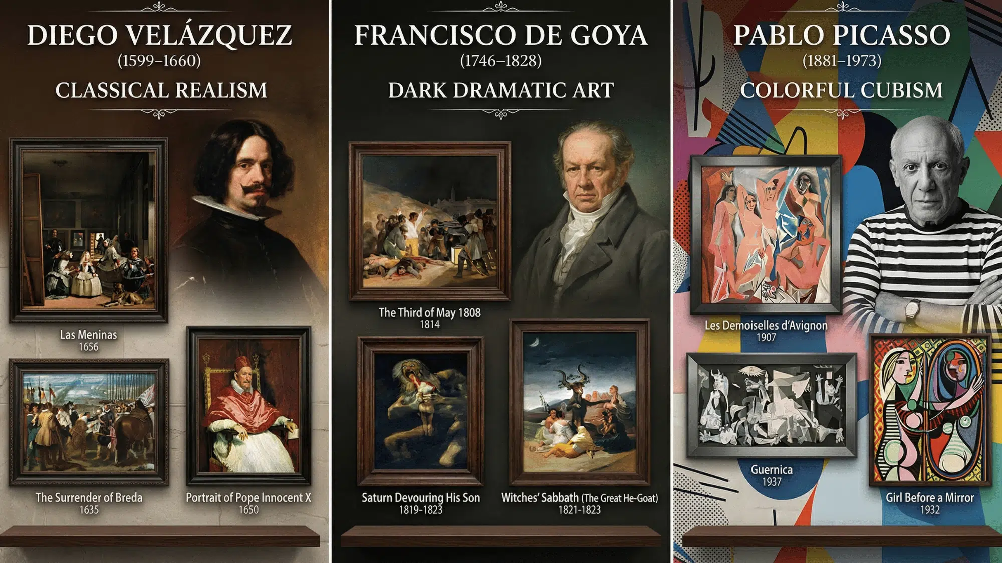 grid collage showing Velázquez, Goya, and Picasso alongside their key paintings like Las Meninas, Guernica, and The Third of May 1808