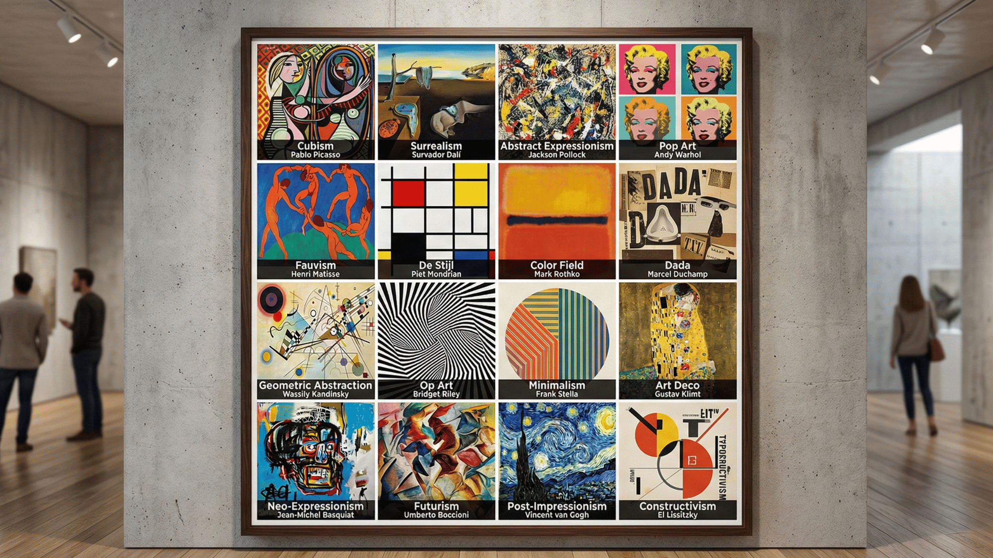 grid collage showing modern art styles including cubism, surrealism, abstract, and pop art from 20th century artists