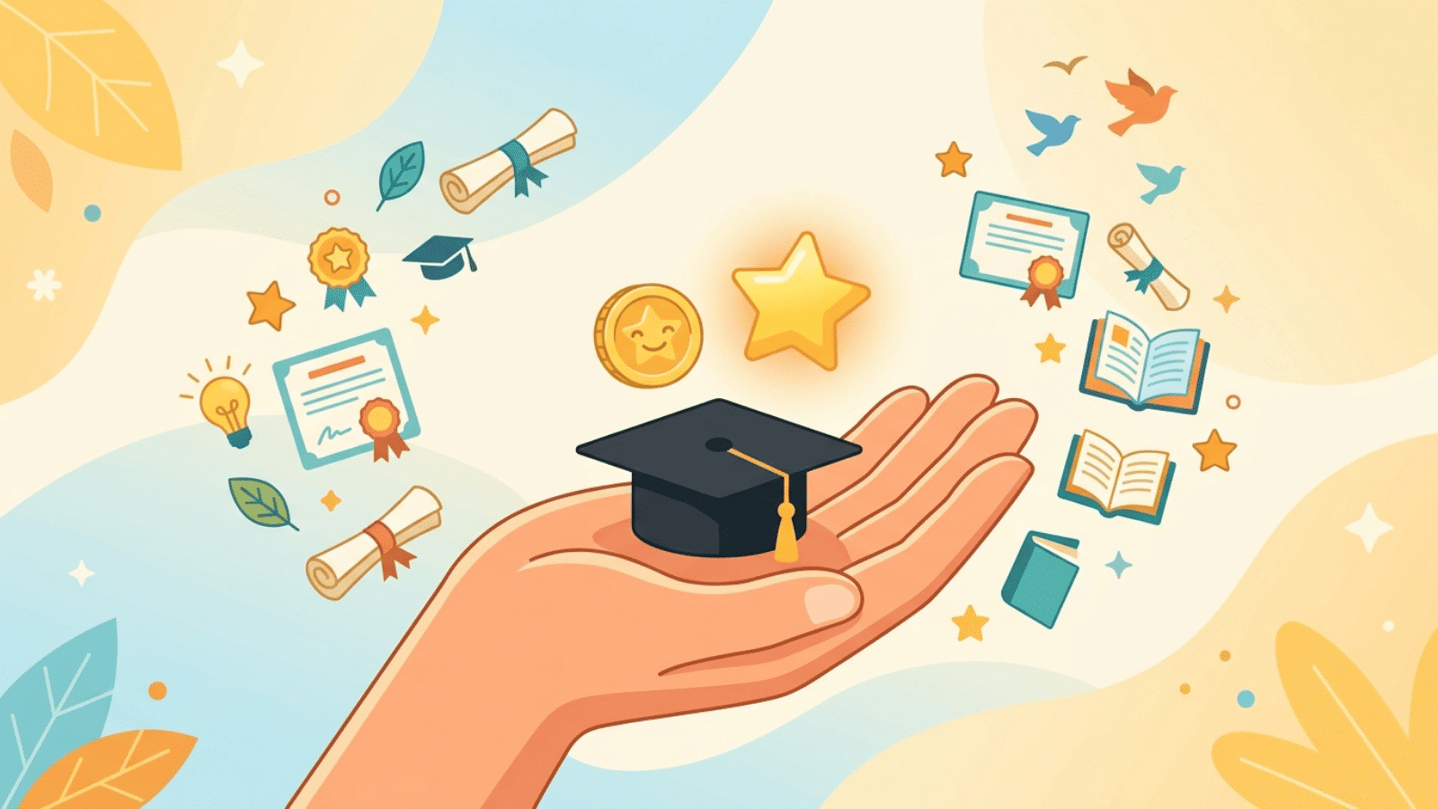 hand holding graduation cap with floating icons of certificates, books, and stars, symbolizing education success and achievement