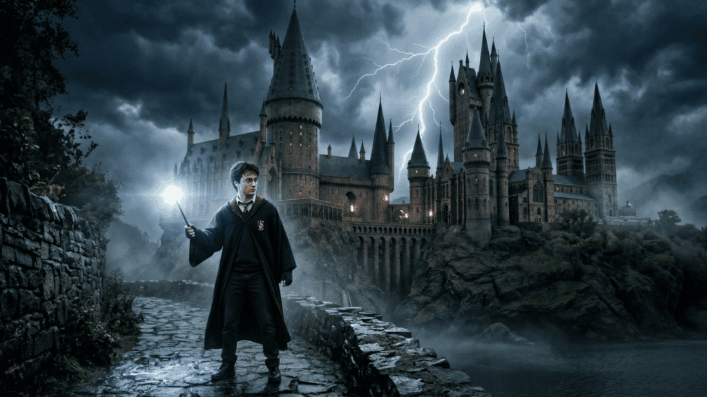 harry potter standing outside Hogwarts castle at night with lightning in the sky, holding a glowing wand