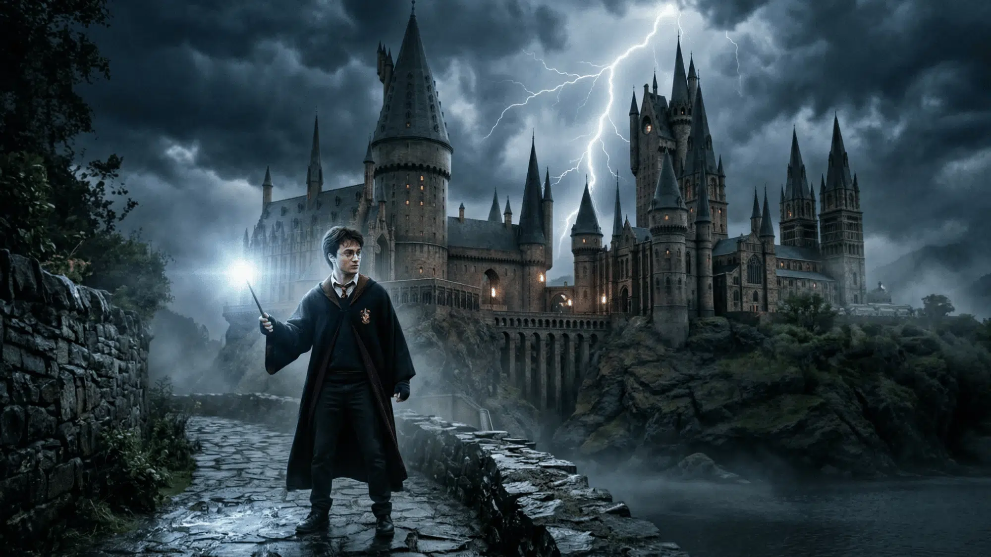 harry potter standing outside Hogwarts castle at night with lightning in the sky, holding a glowing wand