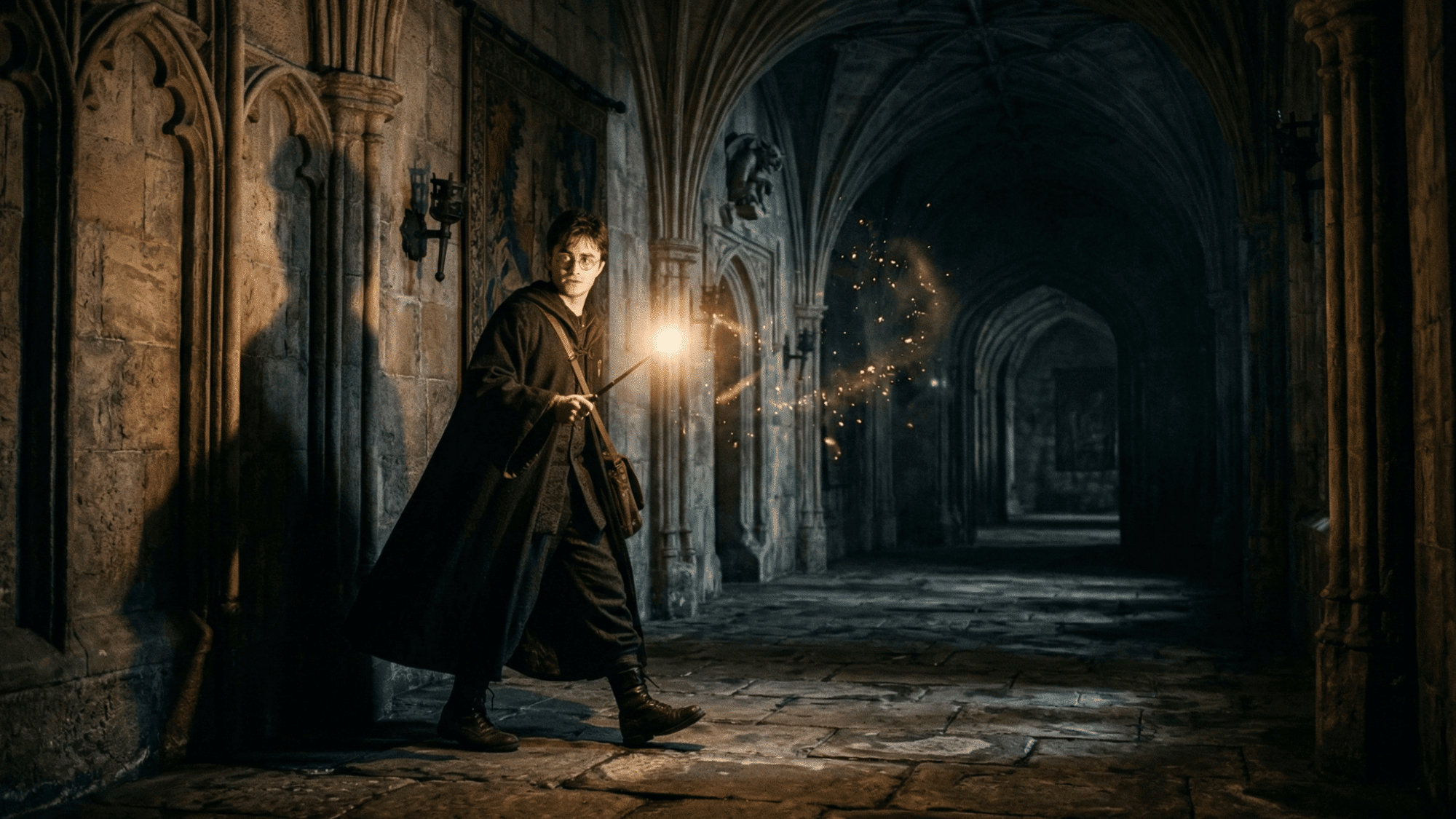 harry potter walking through a dark Hogwarts corridor casting a spell with his wand in a gothic hallway