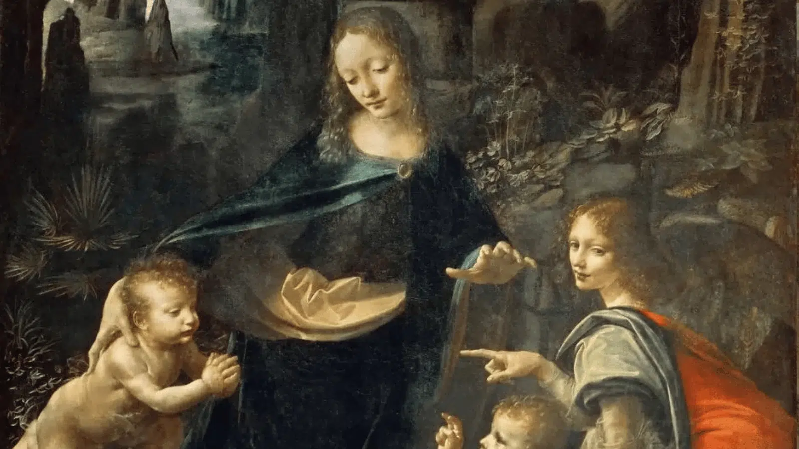 leonardo da Vinci’s Virgin of the Rocks painting featuring Madonna and children in a dark, atmospheric Renaissance setting