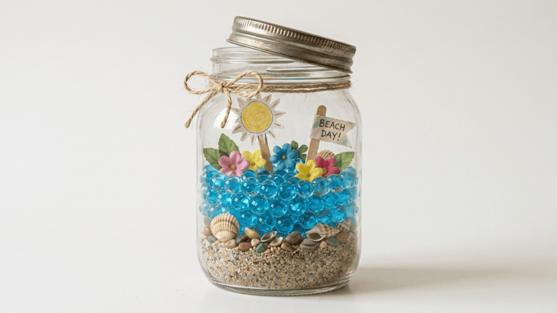 mini beach in a jar showing a clear jar layered with sand shells blue water beads and tiny paper flowers on white background