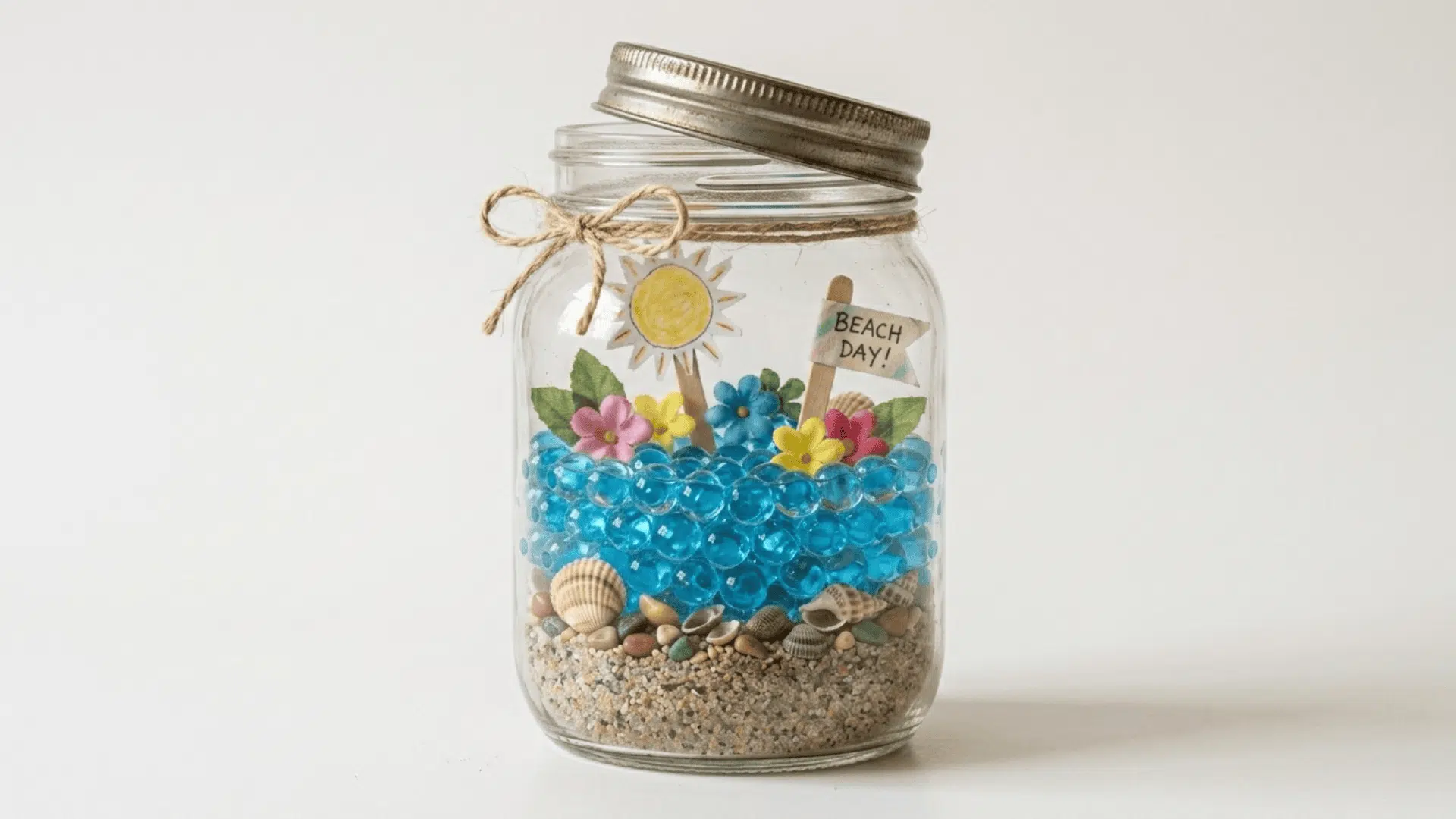 mini beach in a jar showing a clear jar layered with sand shells blue water beads and tiny paper flowers on white background