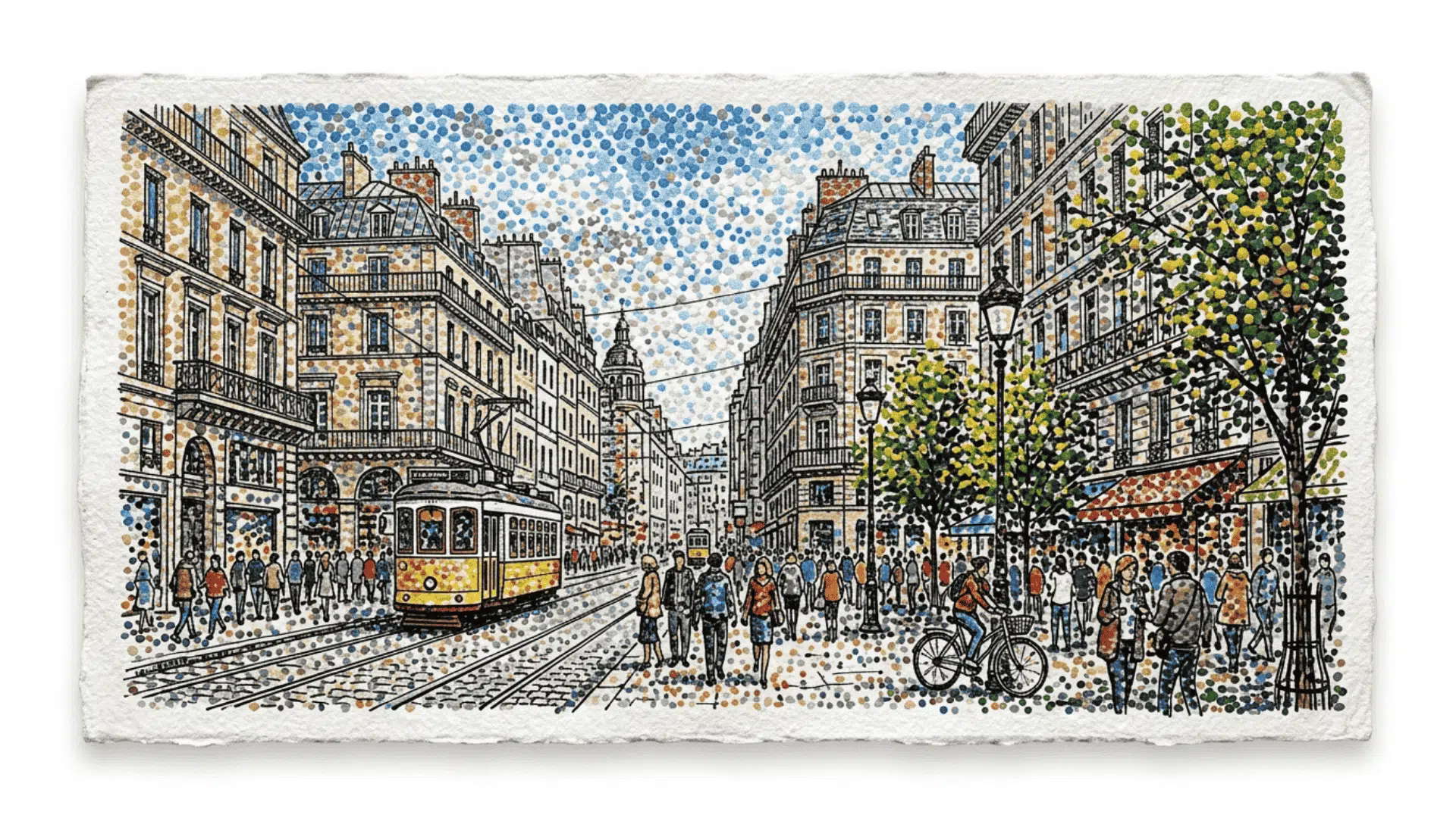 mixed media pointillism art of a busy city street scene combining ink line work with colored dots showing buildings tram and people
