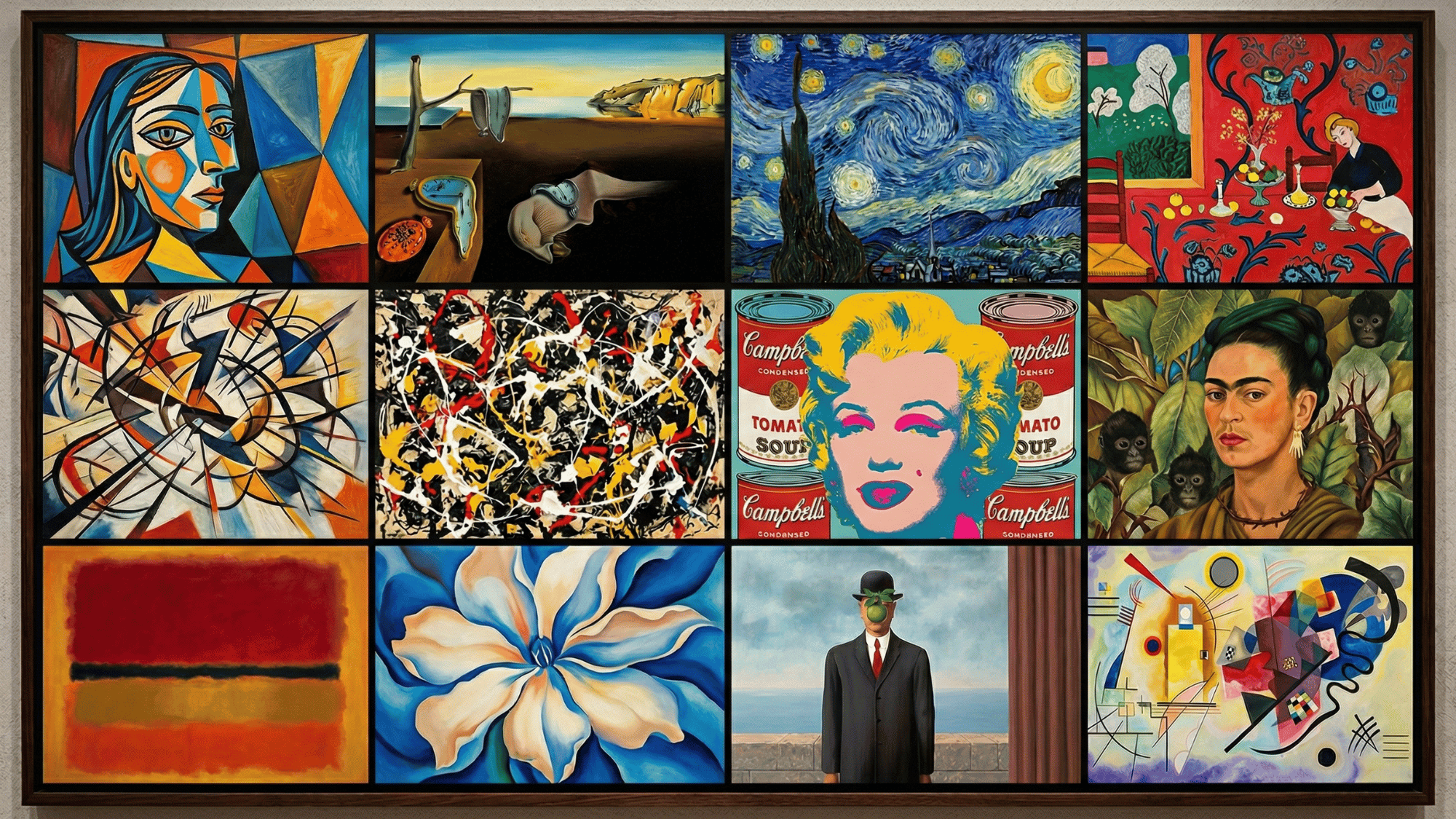 modern art collage featuring abstract, cubist, and surreal artworks inspired by 20th century artists