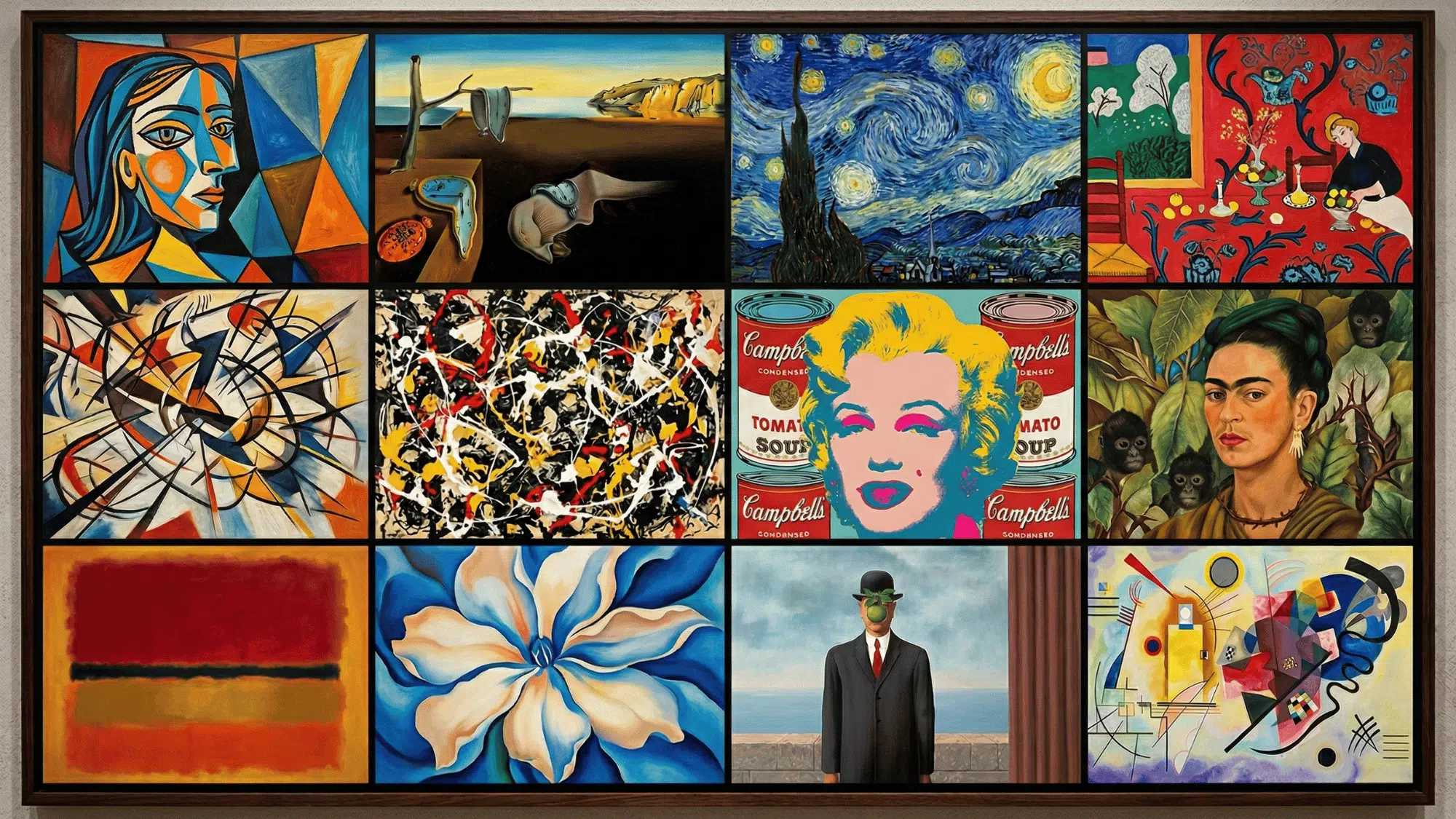 modern art collage featuring abstract, cubist, and surreal artworks inspired by 20th century artists