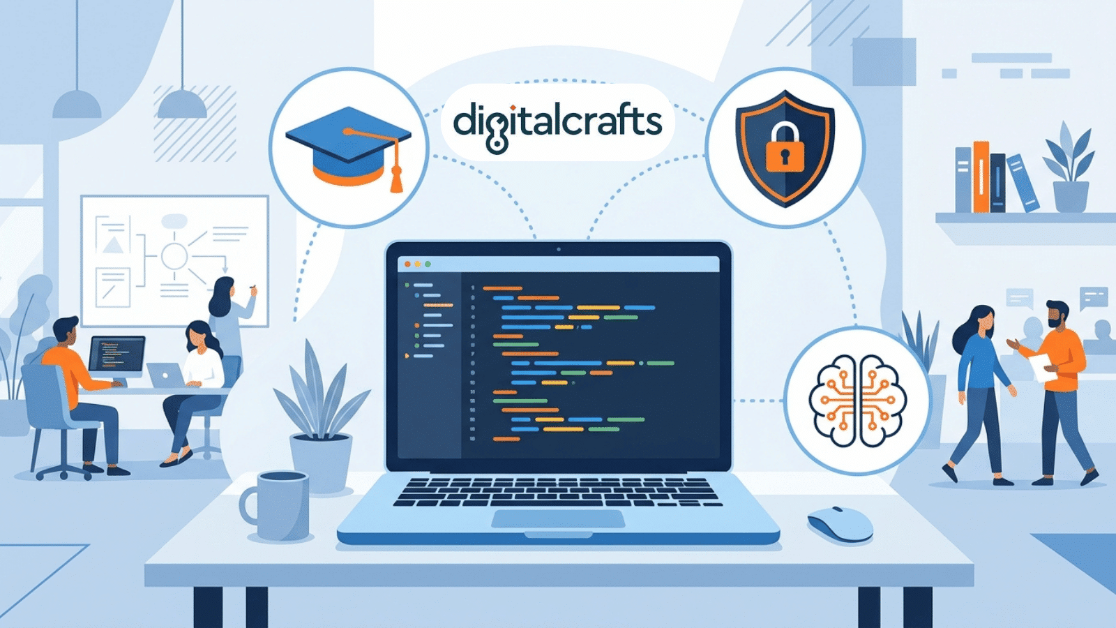 modern coding workspace illustration with laptop showing code, surrounded by icons for education, security, and AI learning concepts