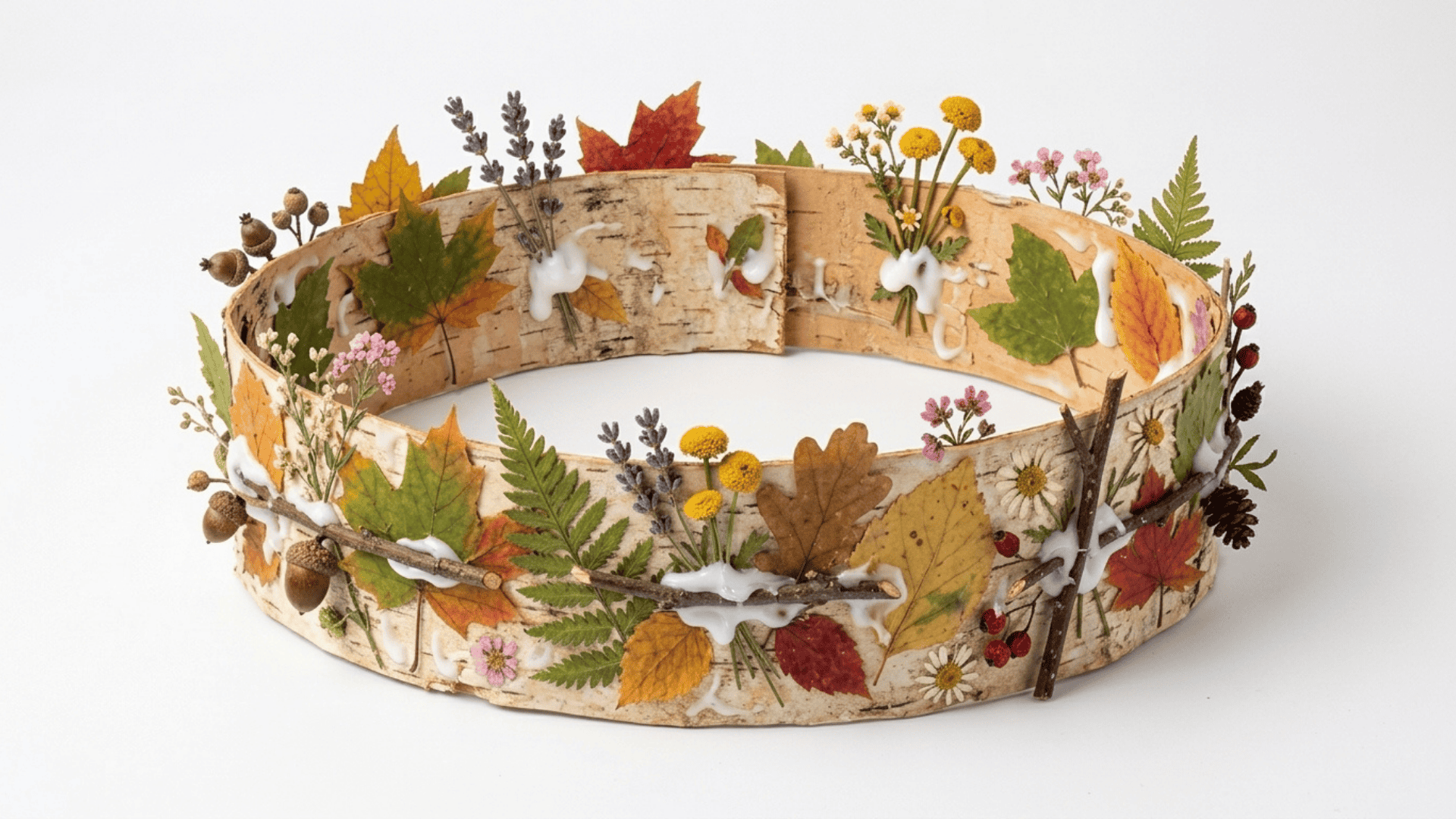 nature crown craft showing a paper strip band decorated with pressed leaves small dried flowers and twigs on white background