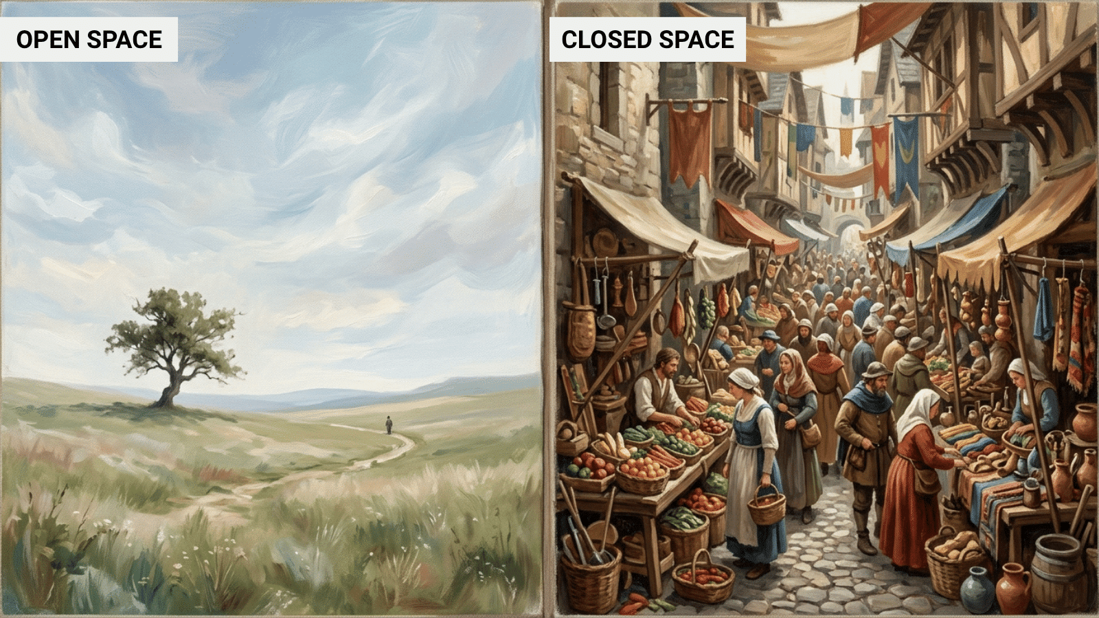 painting of a quiet countryside with lone tree and distant figure contrasted with busy medieval market scene full of people