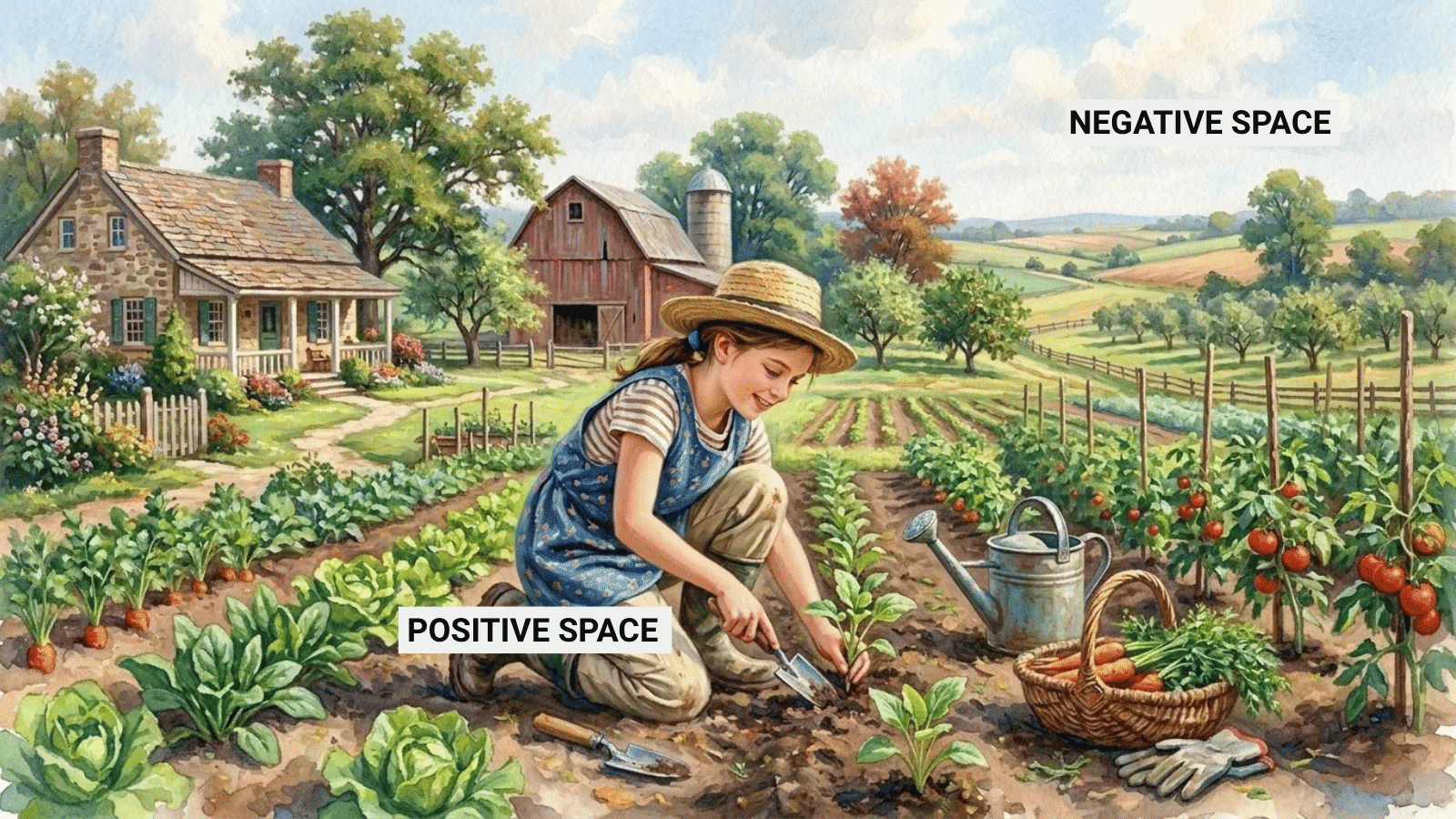 painting of a young girl gardening in a farm field with vegetables, barn, and house, showing peaceful rural lifestyle scene