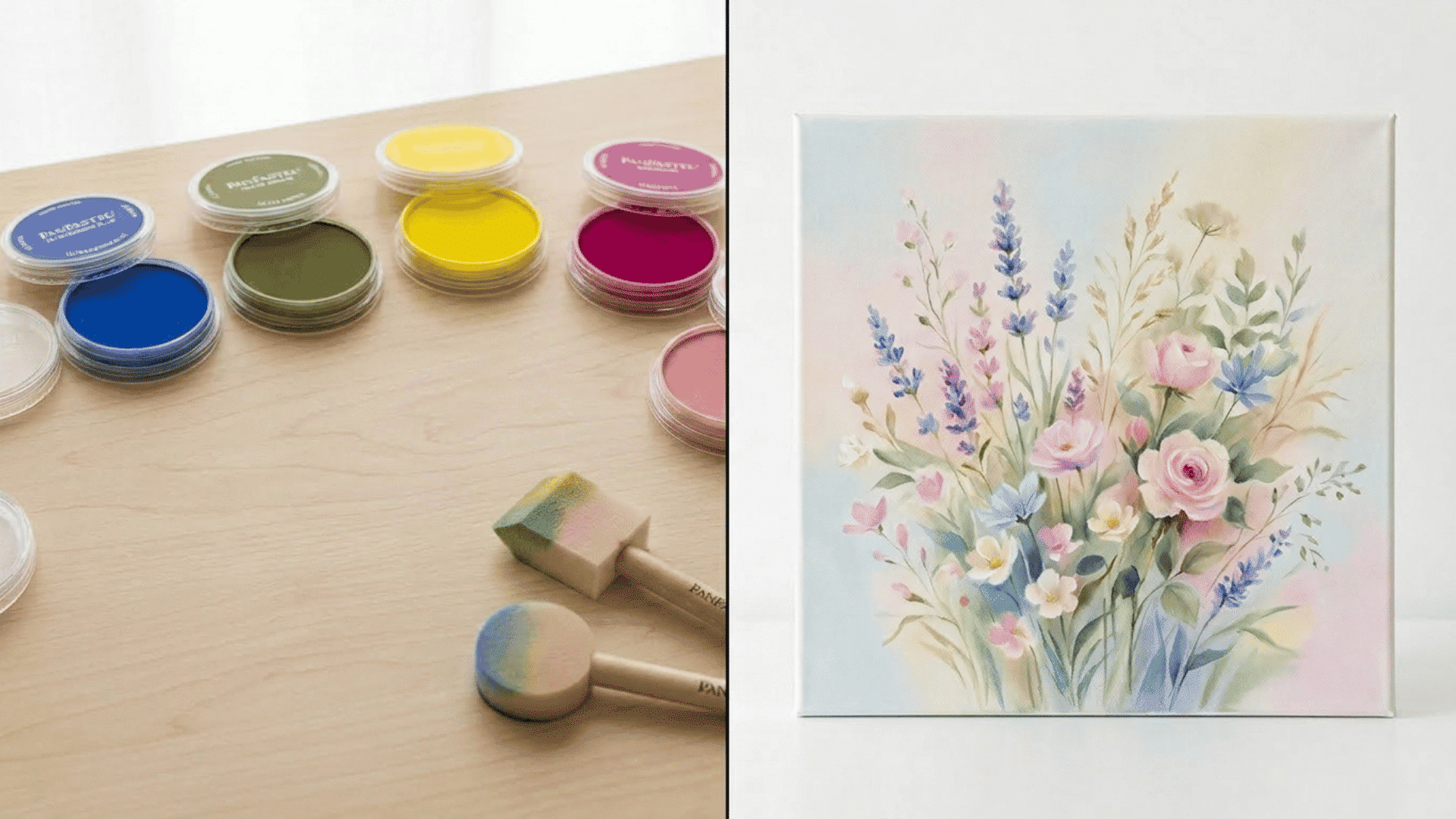 pan pastels with smooth blended gradients on one side and a soft floral painting on canvas on the other side