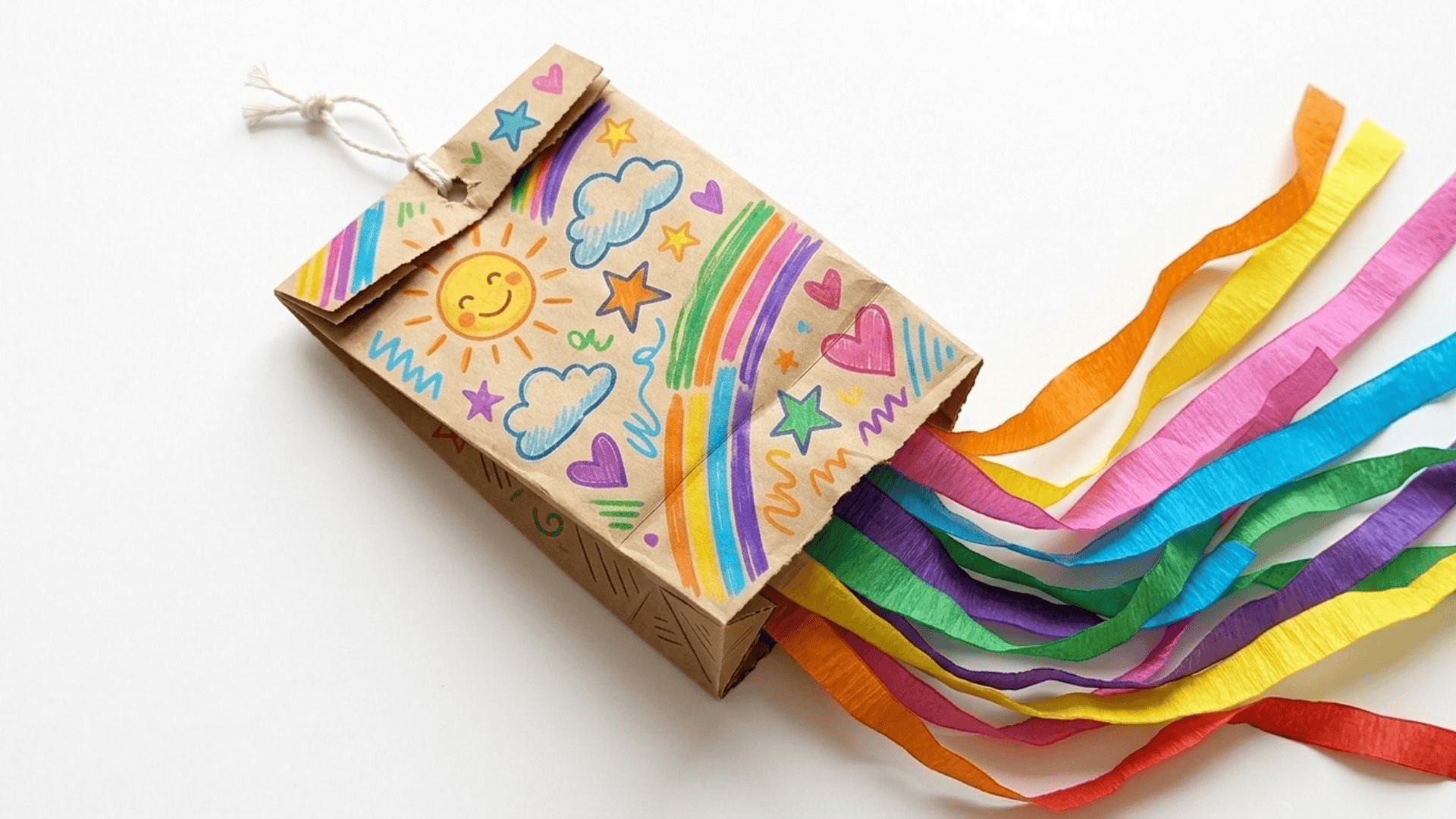paper bag kite craft showing a decorated paper bag with colorful marker designs and bright ribbon strips as a tail