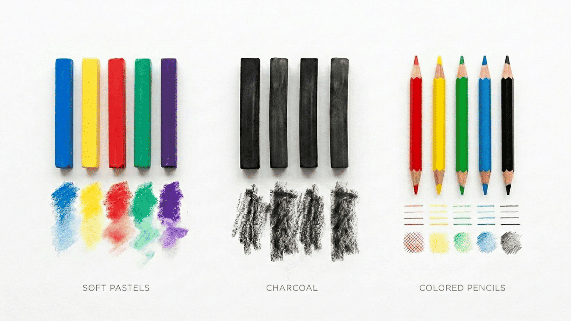 pastels charcoal and colored pencils arranged on white background with labels showing different dry art mediums