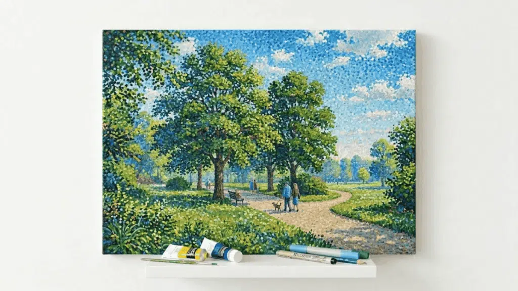 pointillism art painting of a sunlit park scene with people walking among trees created using small visible color dots on canvas