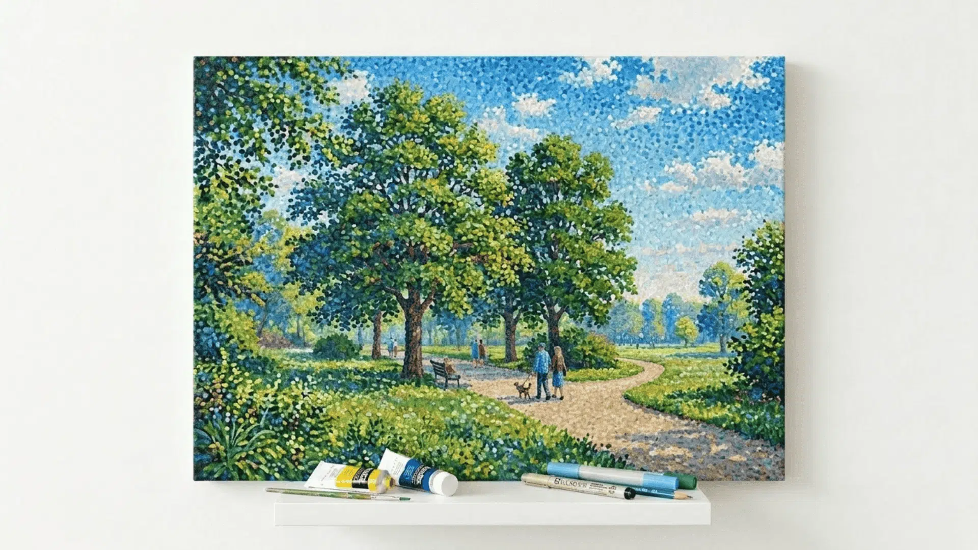 pointillism art painting of a sunlit park scene with people walking among trees created using small visible color dots on canvas