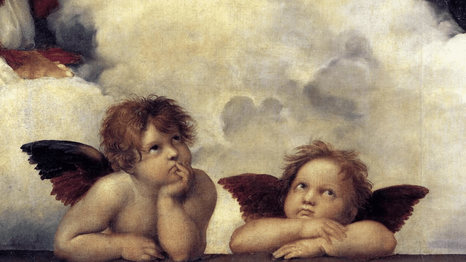 raphael’s cherub angels from Sistine Madonna painting, resting on hands with expressive faces in soft Renaissance style