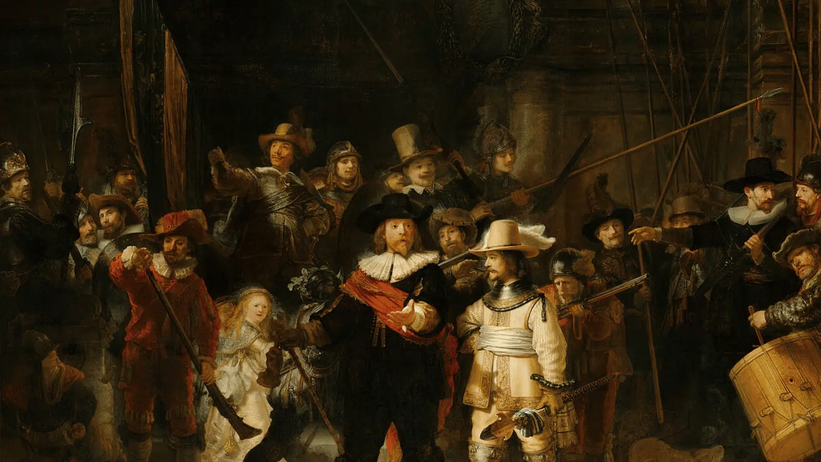 rembrandt’s The Night Watch painting showing a dynamic group of militia figures in dramatic lighting and rich historical detail