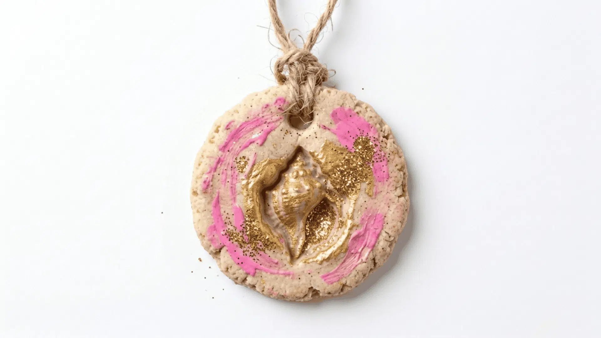 salt dough shell pendant showing a dried dough piece with a shell imprint painted in soft pink and gold with a string loop
