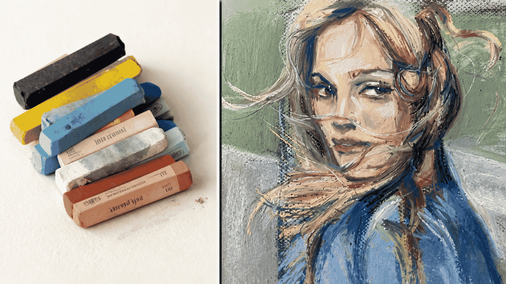 set of colorful pastel chalk sticks placed next to a detailed pastel painting of a woman with blonde hair on a green background