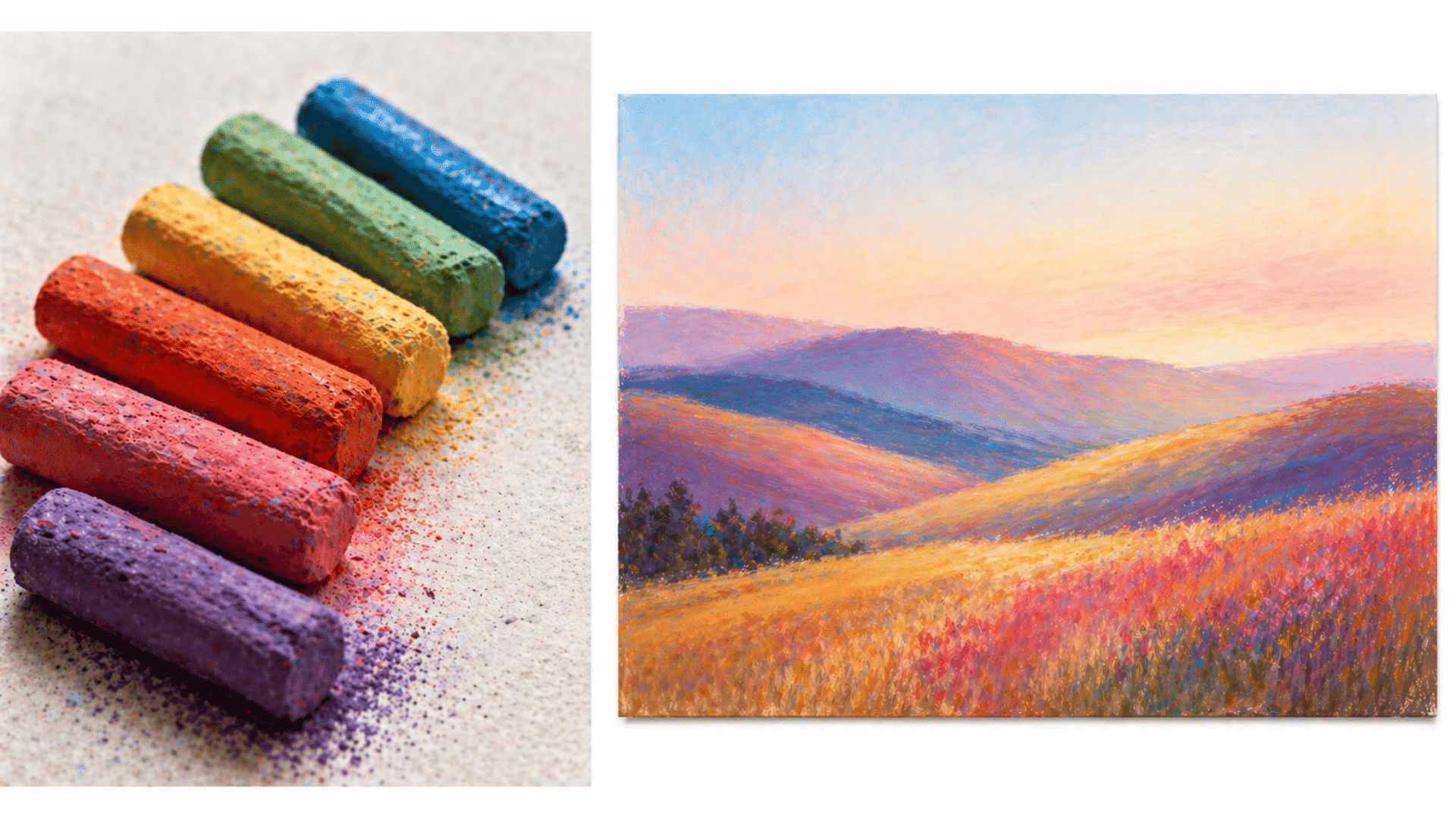 soft pastel pigments and sticks on one side with a blended landscape artwork on the other side showing smooth color transitions