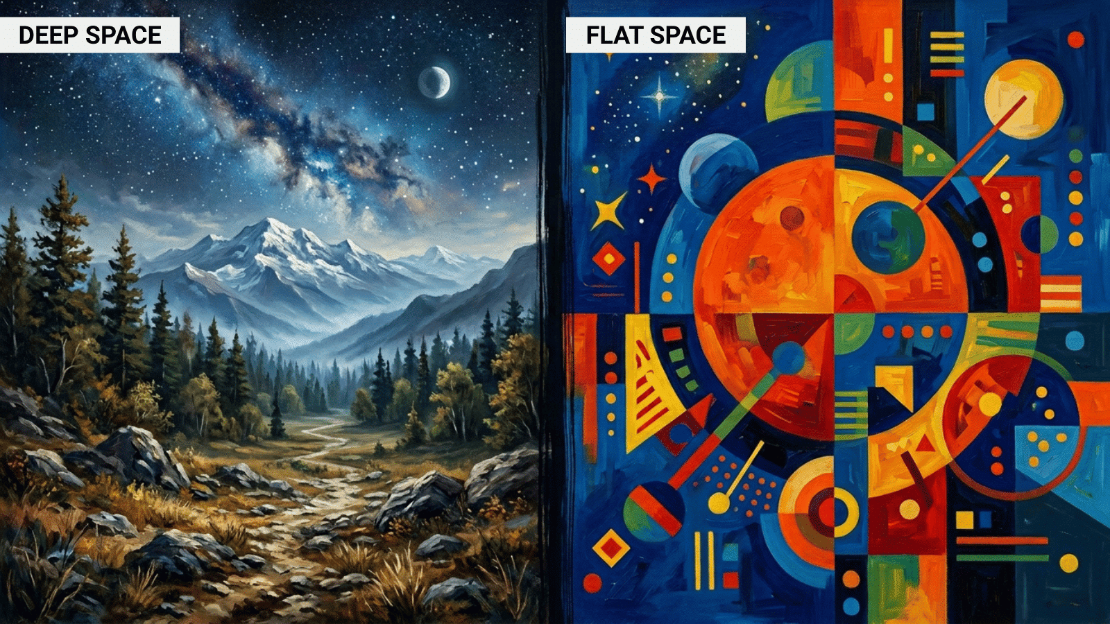 split artwork showing realistic mountain landscape and colorful abstract geometric design, contrasting styles and composition