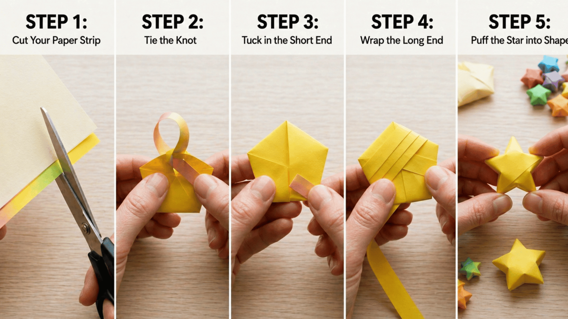 Step-by-step guide showing how to make an origami paper star, from cutting a strip to folding and shaping the final puffy star (1) (1)