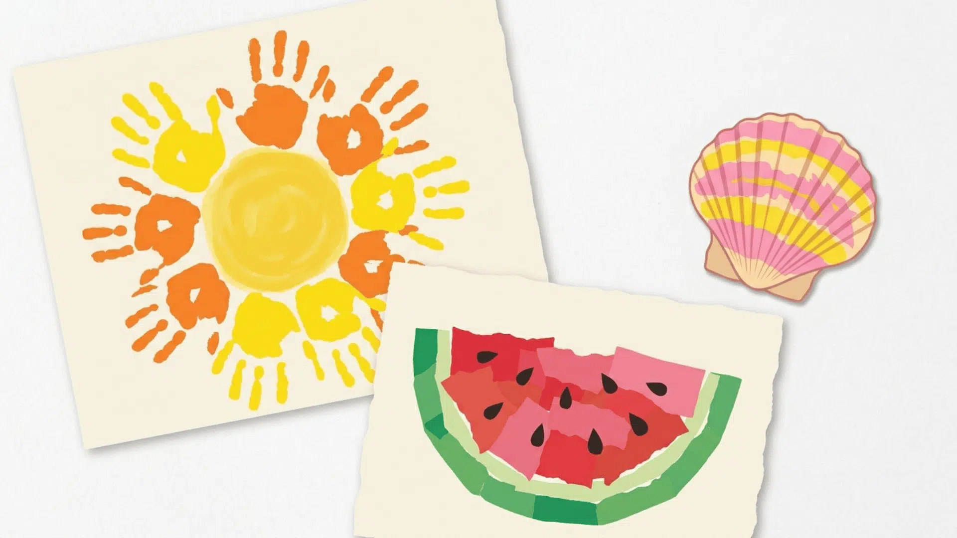 summer art projects featuring a handprint sun watermelon collage and painted seashell on a white background
