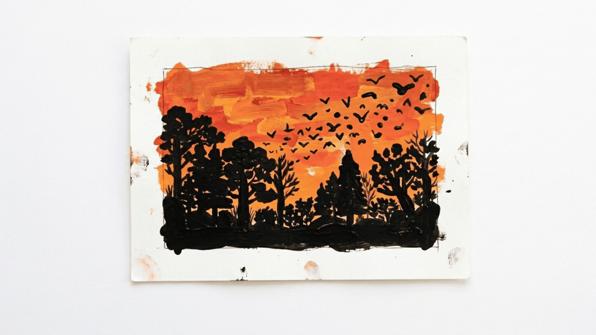 sunset silhouette painting showing warm red orange yellow gradient background with dark black tree and bird silhouettes on paper
